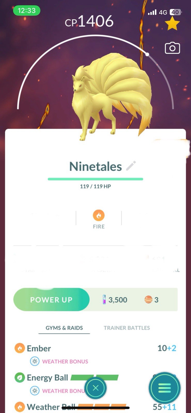 Ninetales Double Legacy Level 23 PvP, 2 Charge , Under 1500 PKMN Go Great