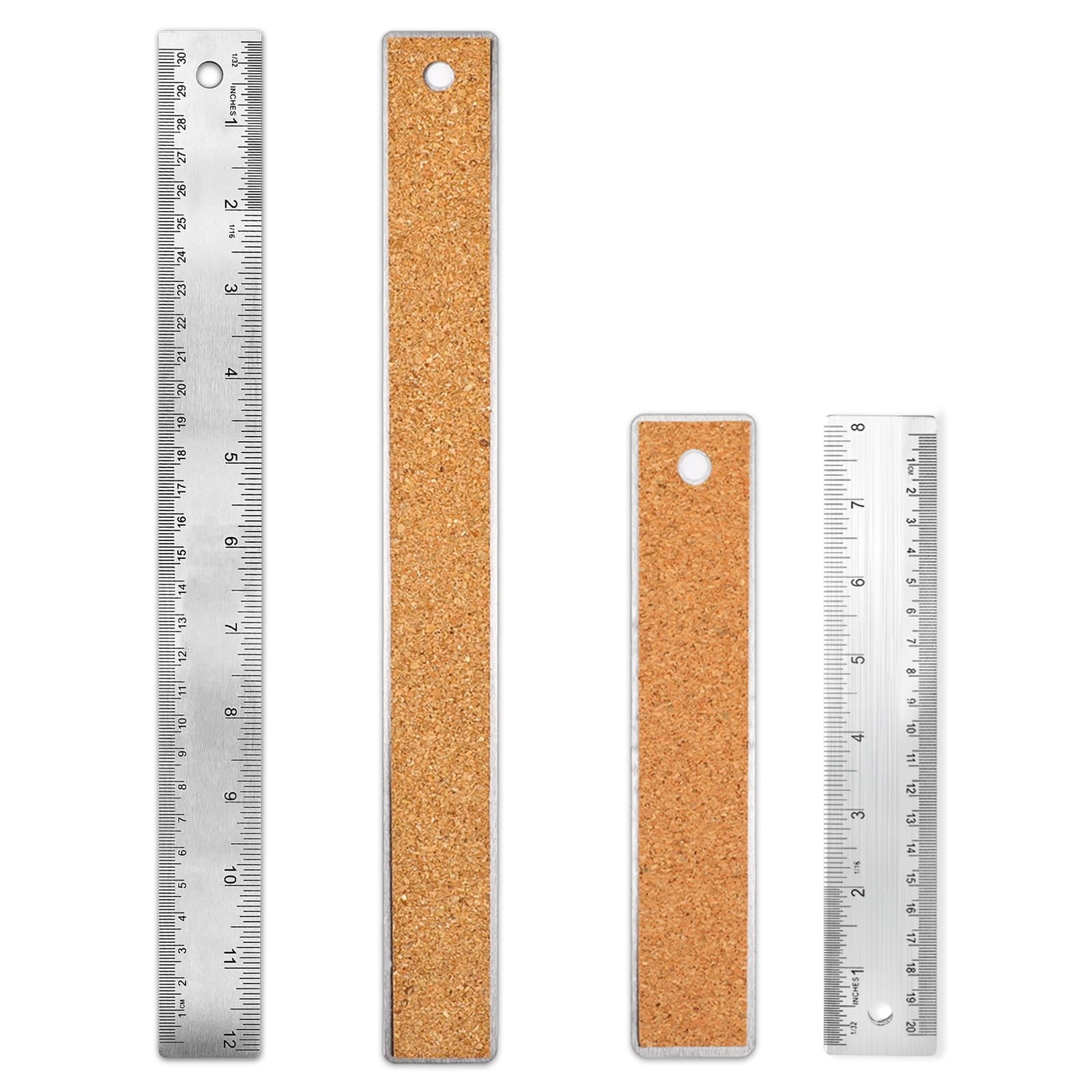 Stainless Steel Metal Ruler 8 Inch  12 Inch Non-Slip Cork Backed Set Two