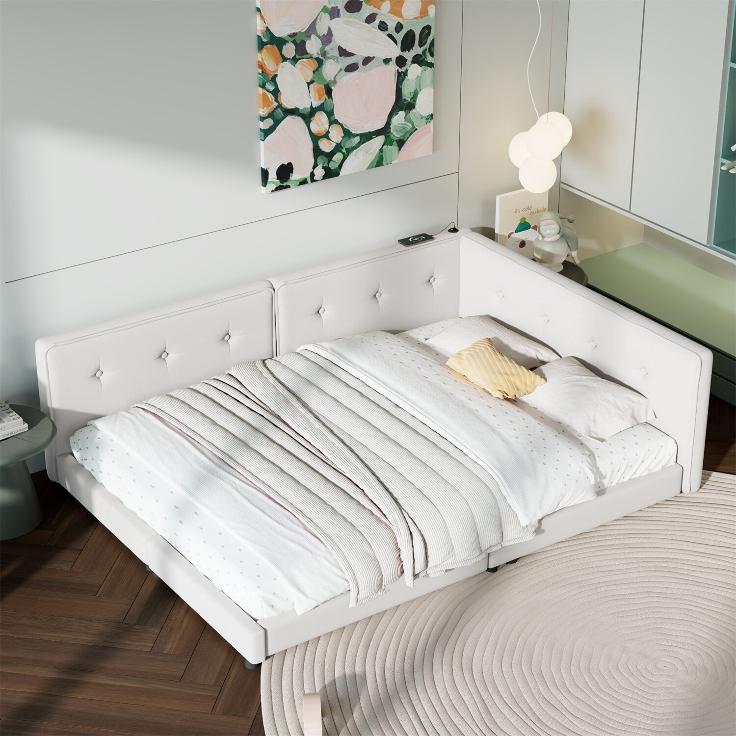 Full/Queen Size Bed Frame Upholstered Platform Bed w/ USB Ports Beige/Blue