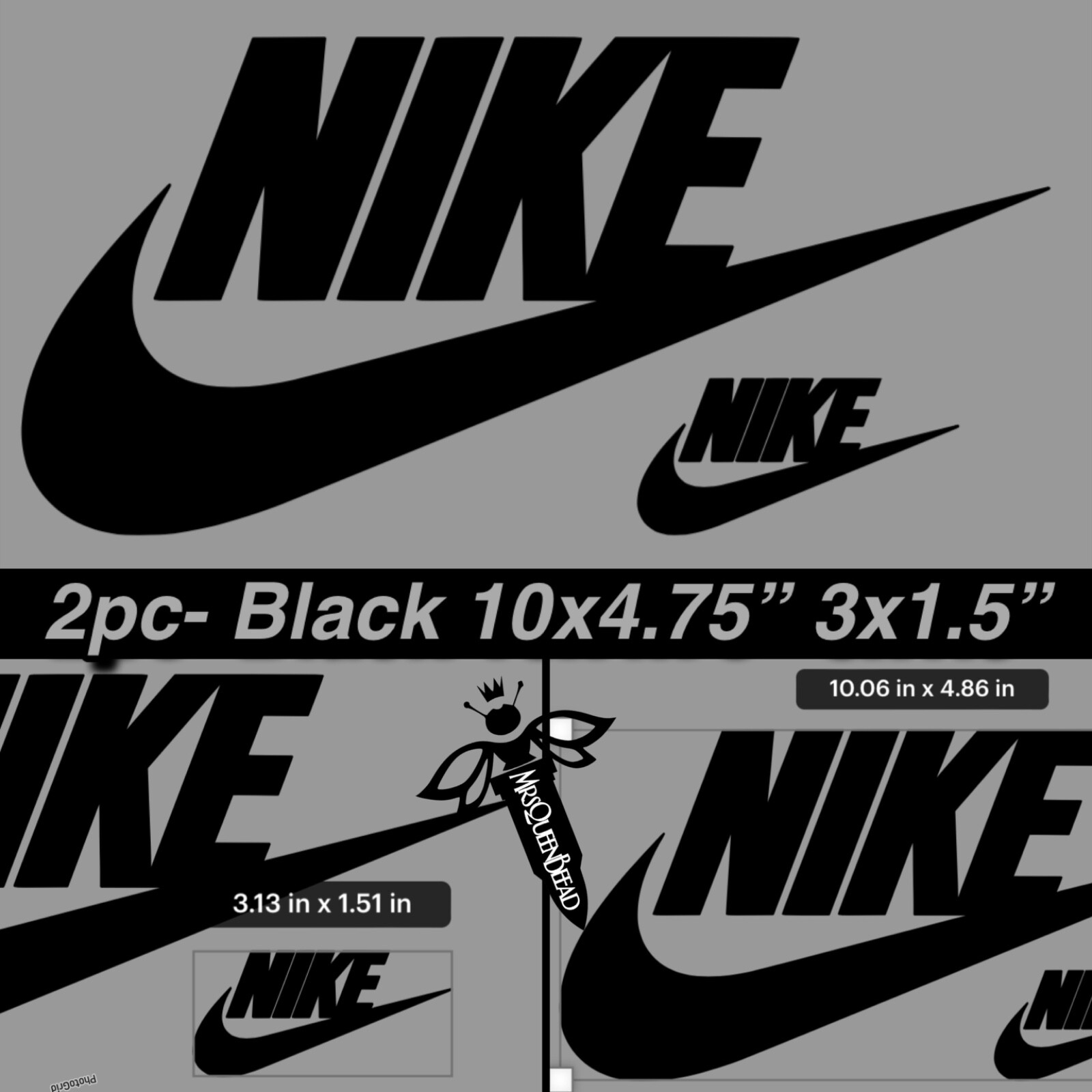2pc Lot XL Set Iron On Black HTV Nike Word & Tic 10x4.75” & 3x1.5” XL Set