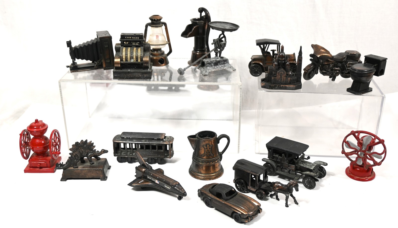 LOT 18 VINTAGE Bronze-Toned METAL FIGURAL PENCIL SHARPENERS Fan Car Shuttle +