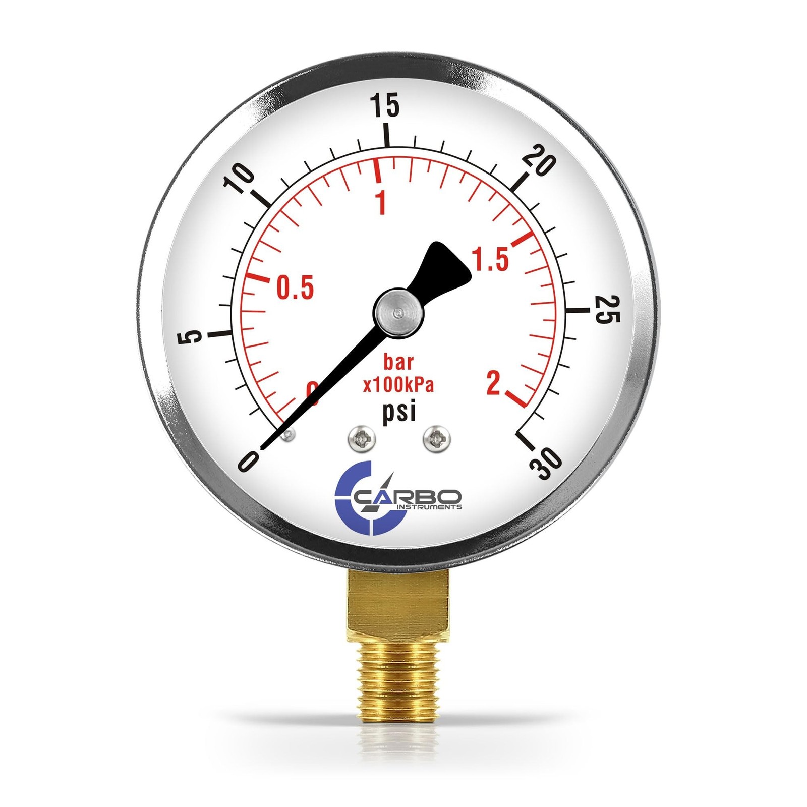 2-1/2" Pressure Gauge, Chrome Plated Steel Case, Dry, 0-30 psi/kPa, Lower Mou...