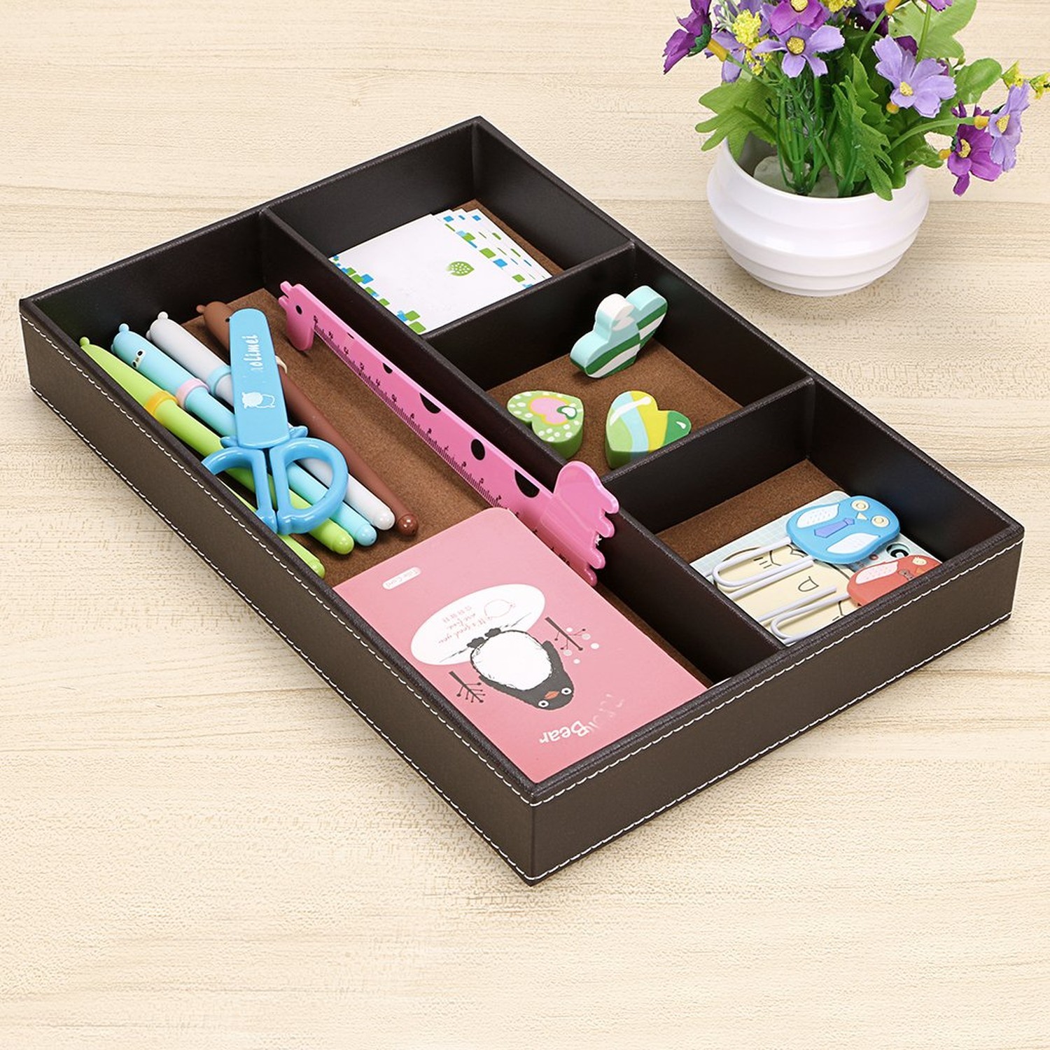 BTSKY 4 slots Desk Drawer Organizer, PU Leather Drawer Storage Organizer Divi...