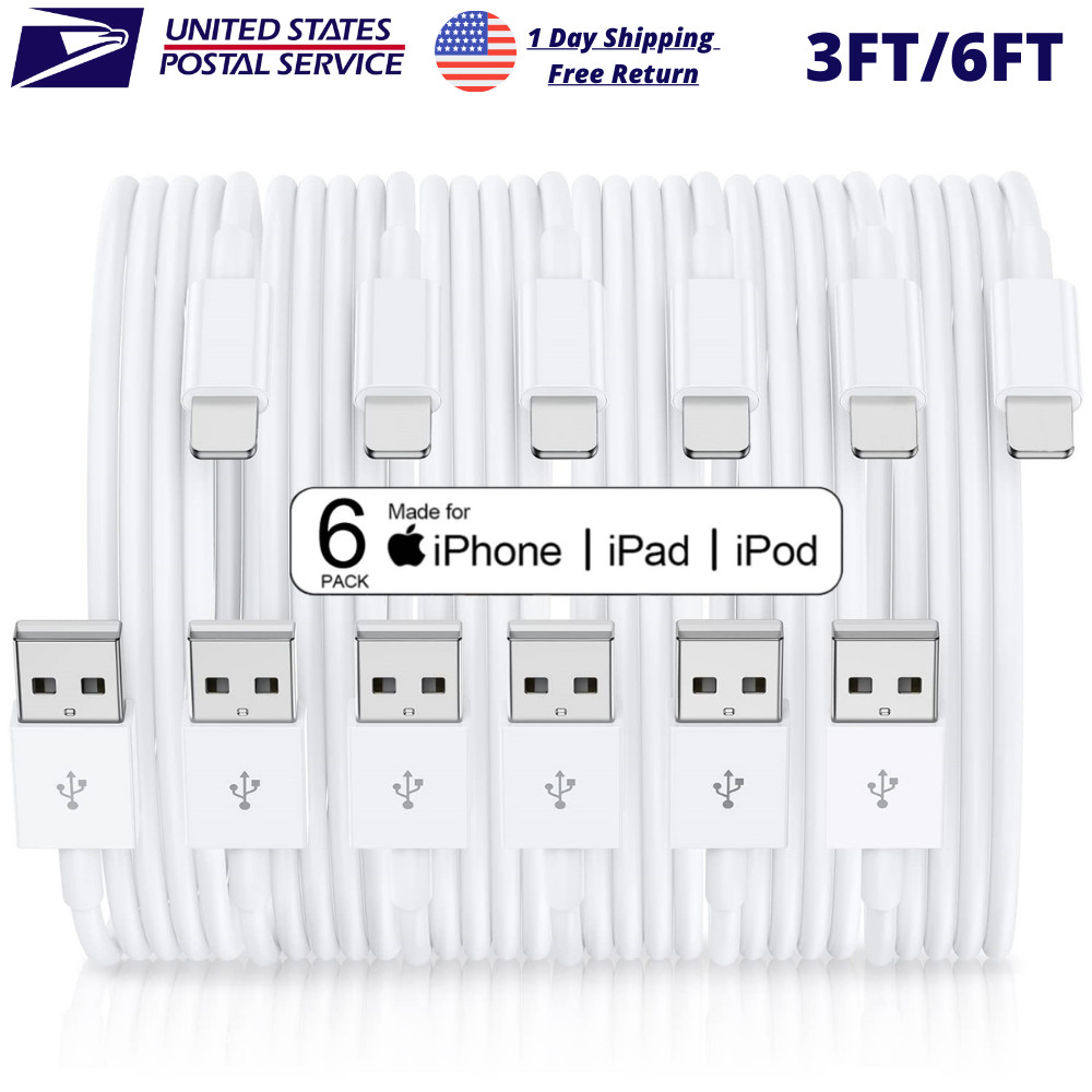 6Pack 3/6Ft Bulk USB Cable Lot For iPhone 14 13 XS SE iPad Charger Charging Cord