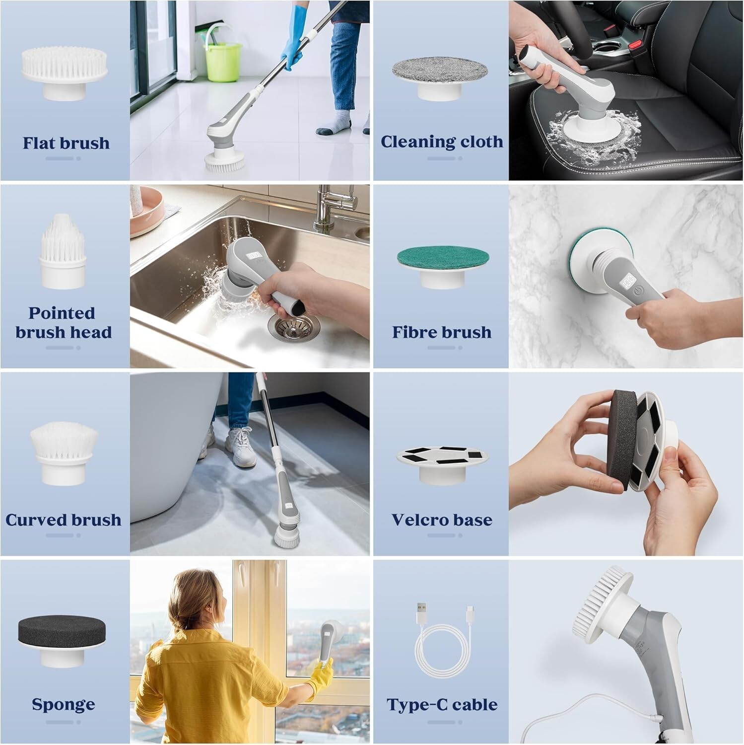 Electric Scrubber with 6 Replaceable Brush Heads and Adjustable Extension Handle