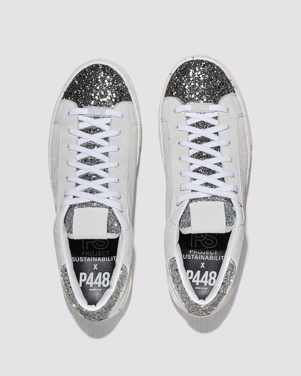 P448 Womens Thea Sneaker in White and Silver Glittered Sizes EU 39, 40 or 41 NIB