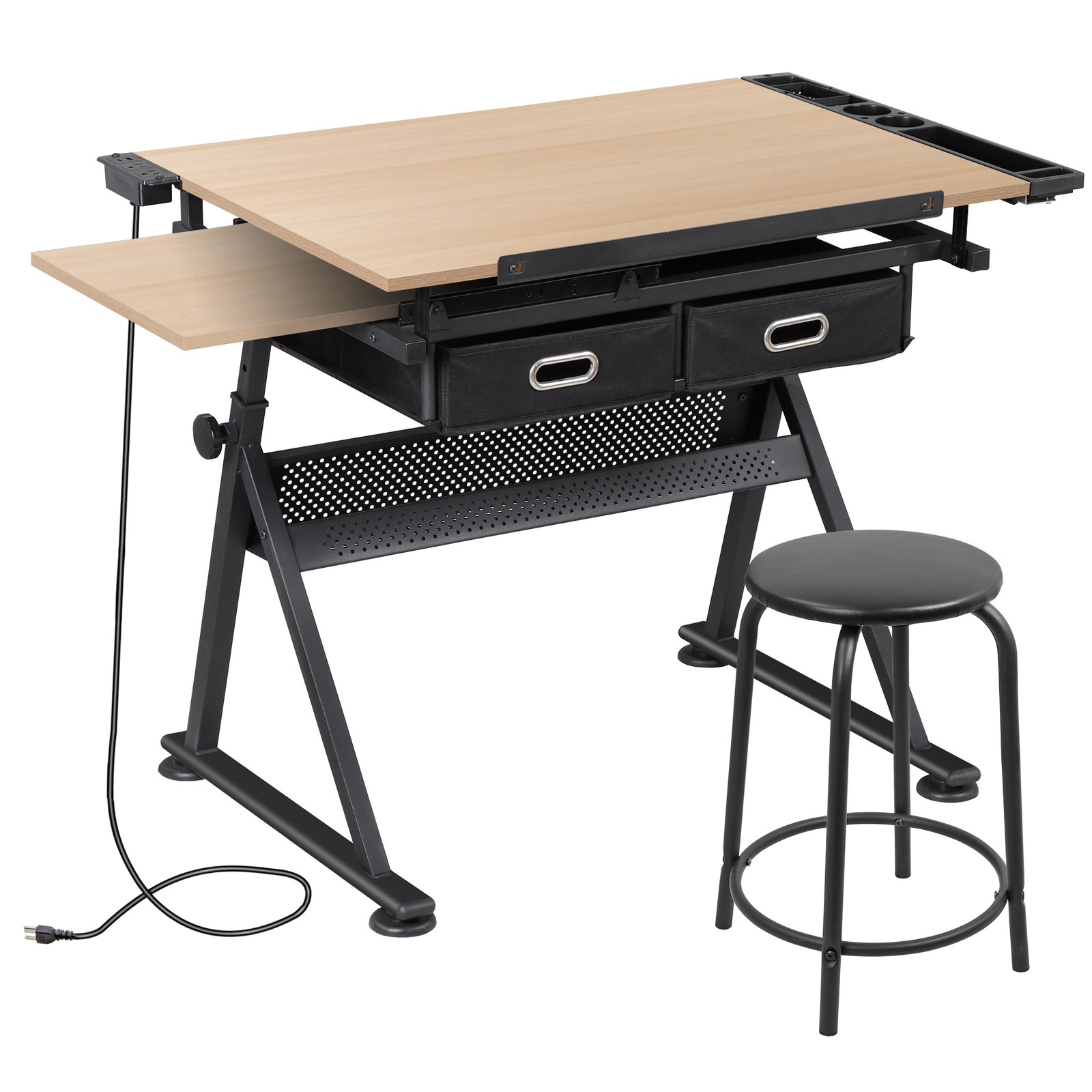 Drafting Table with Stool Set Artist Workstation Natural Writing Desk Home