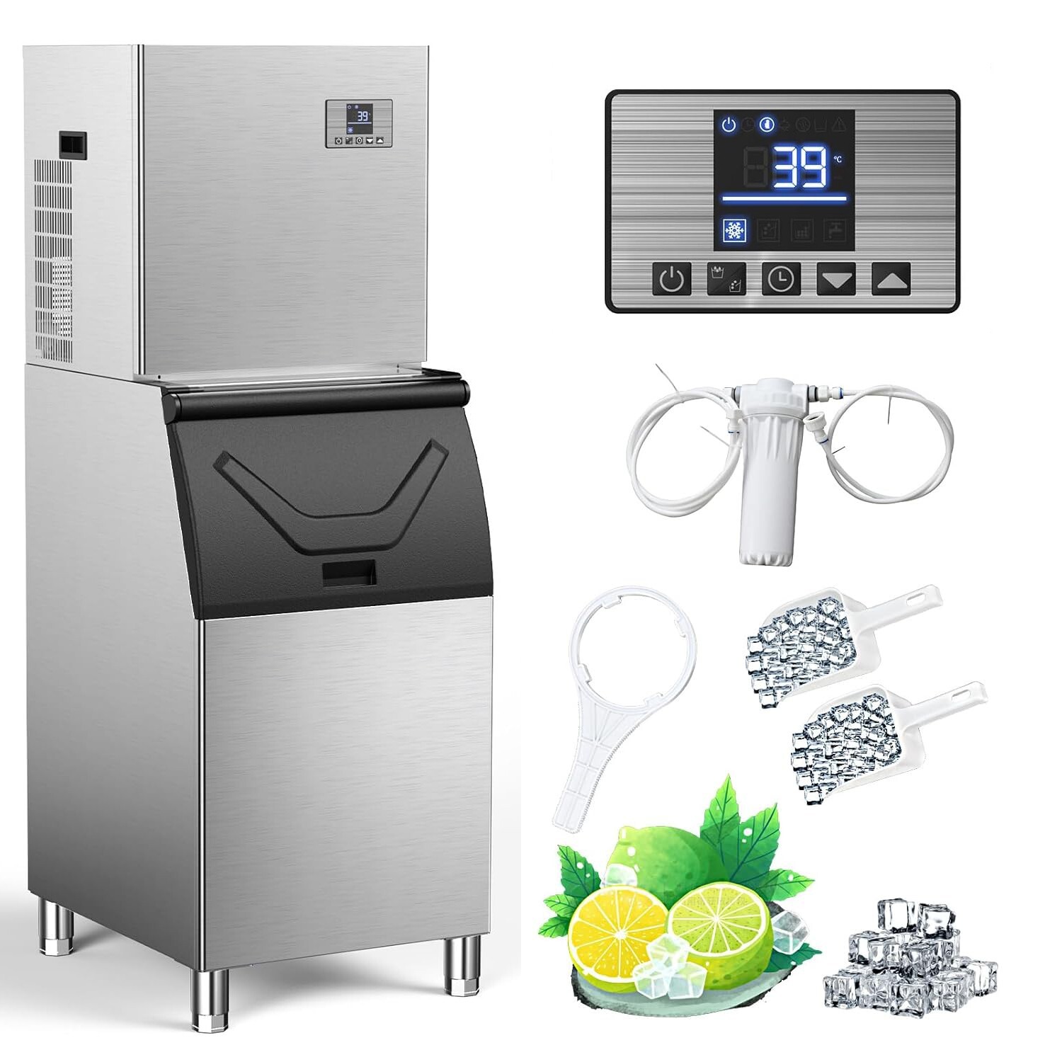 650LB/24H Commercial Ice Maker Machine Freestanding 360lbs Storage Bin LCD Touch