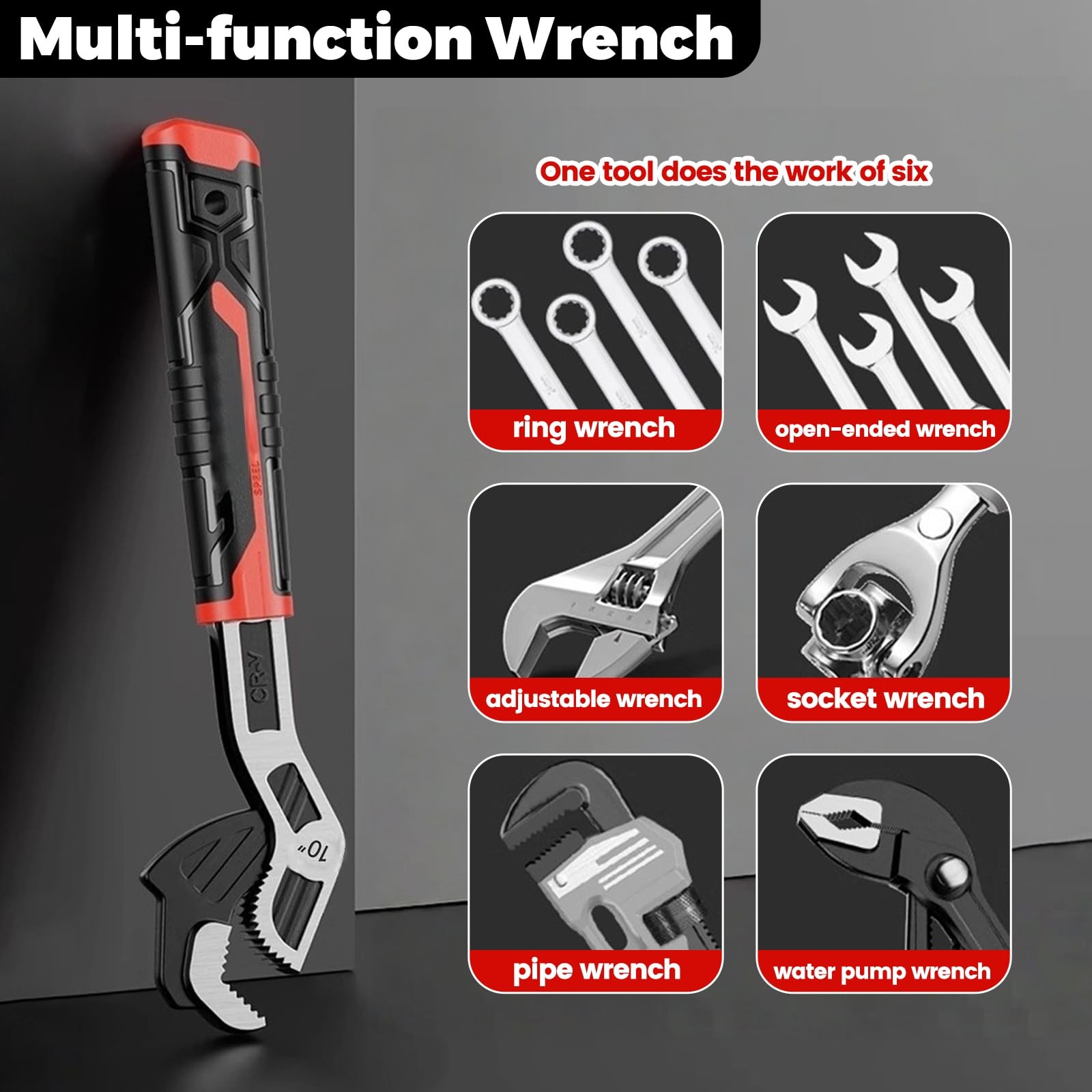 6” 8” 10” Multi-function Self-locking Pipe Wrench Set, Chromium Vanadium Stee...