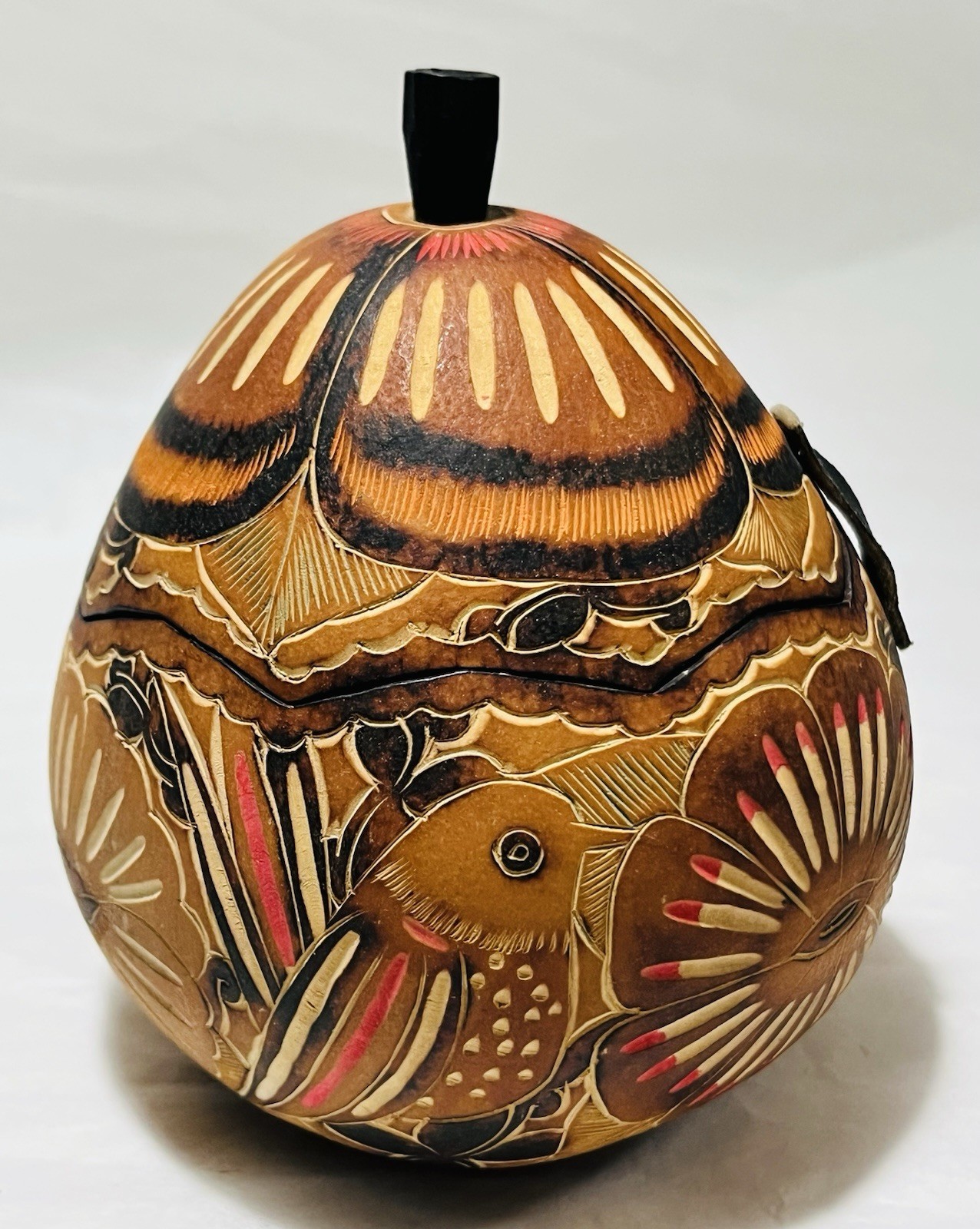 Vintage Hand Carved Painted  Gourd Trinket Box Peruvian Folk Art Birds Flowers