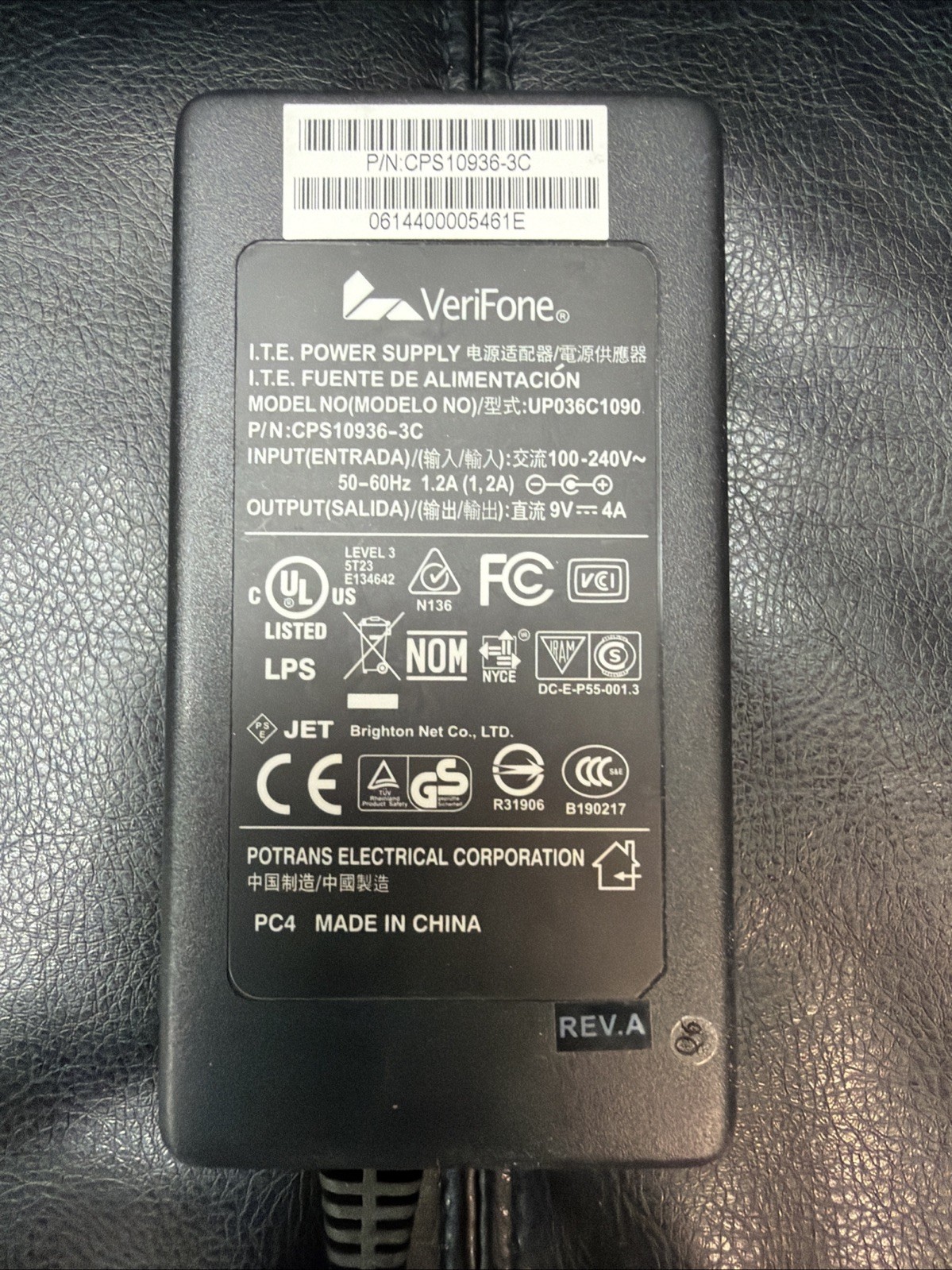Genuine Verifone UP036C1090 AC/DC 100-240 Dual Power Adapter for VX Terminal