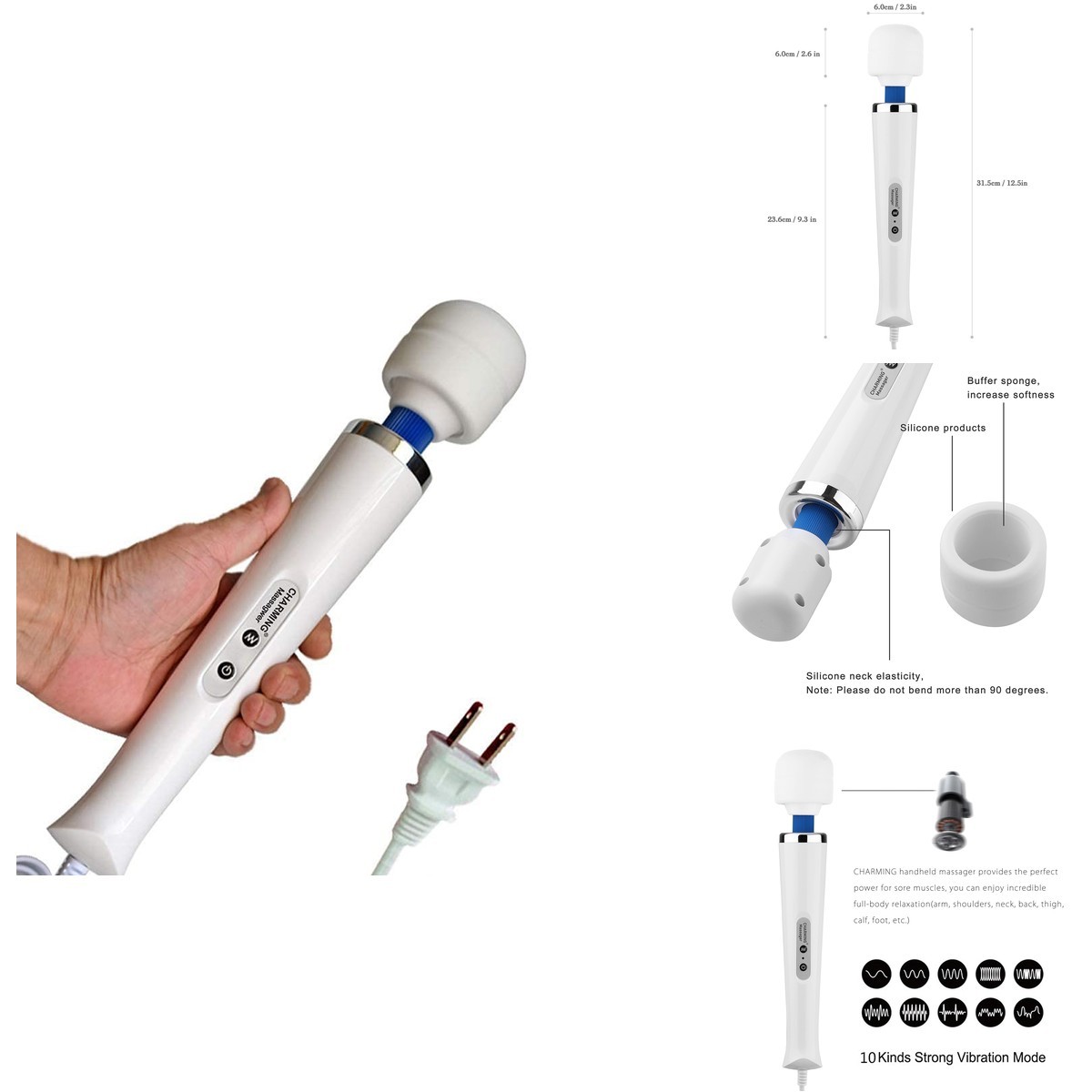 CHARMING 10 Speeds Wired Handheld Back Massager White