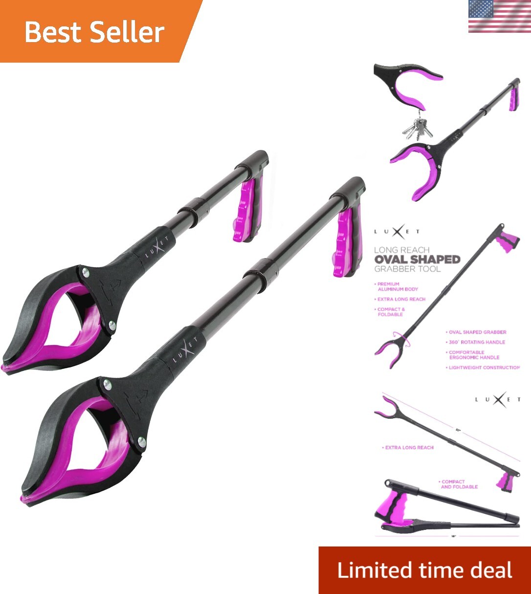 Safe Folding Grabber Tool - 2-Pack with Long Reach Magnetic Pickup for Elderly
