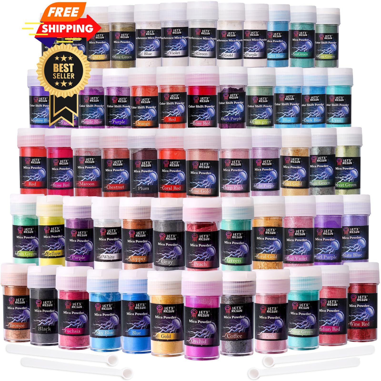 LET'S RESIN 60 Colors Mica Powder,Natural Pearlescent Pigment 60 colors