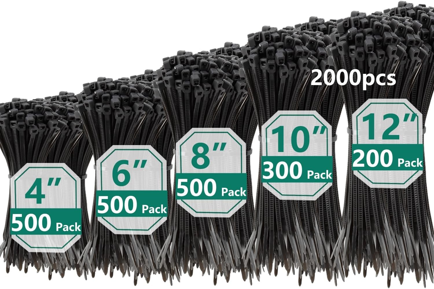 2000 PCS Zip Ties Assorted Sizes 4+6+8+10+12 Inch Self-locking Nylon Cable ties