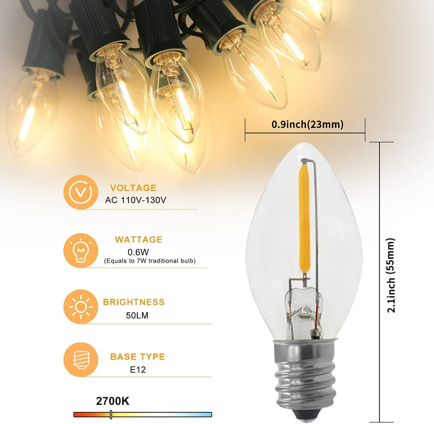C7 Accessory Cord with C7 Led Light Bulb Candelabra-Base E12 Socket, White Cord