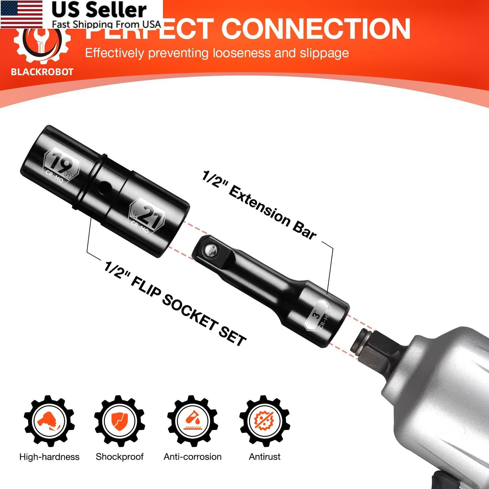 BLACKROBOT 1/2 Inch Drive Impact Socket Set, Double Sided Lug One Size, Black