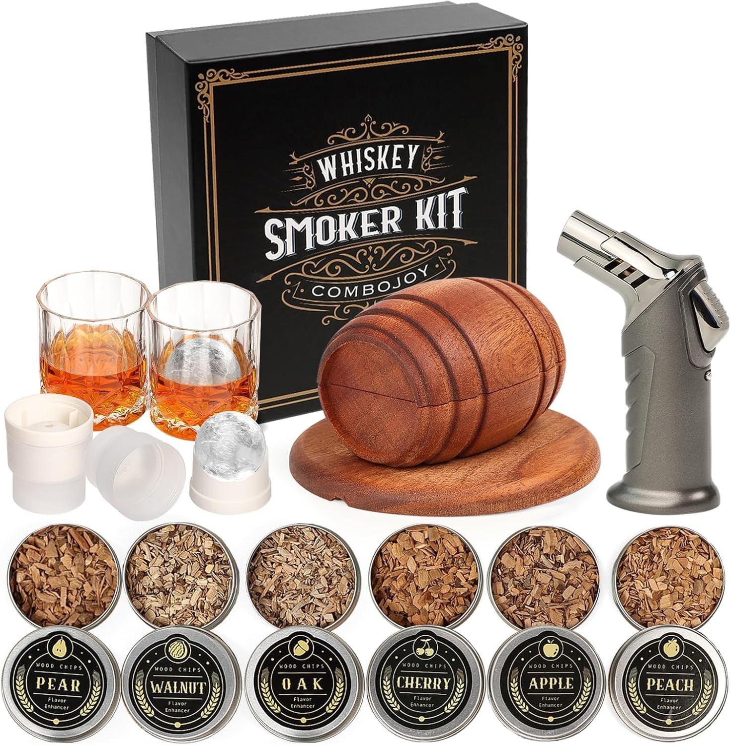 Whiskey Smoker Kit Cocktail Infuser Set with Torch Wood Chips Glasses Ice Molds