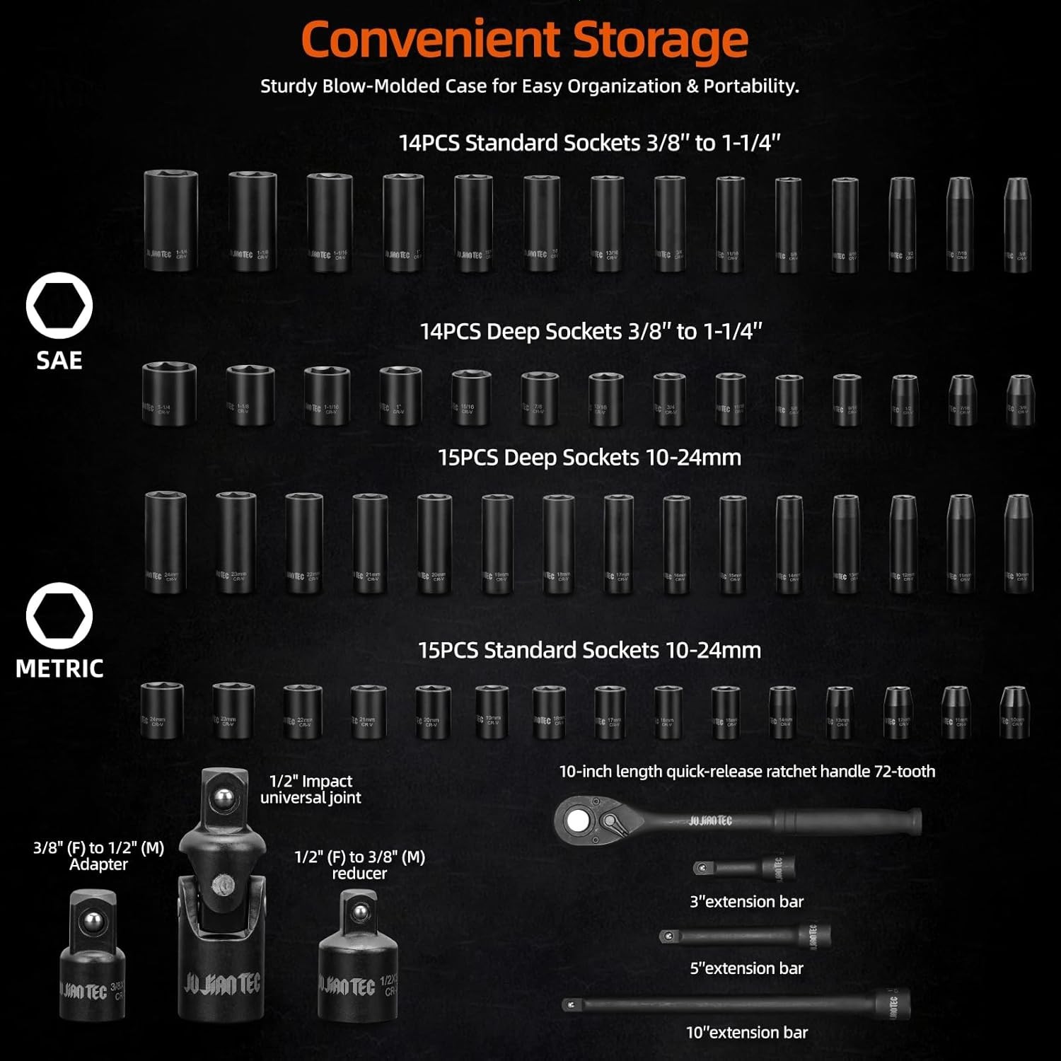 1/2" Drive Master Impact Socket Set, 65 Piece, with Adapters & Ratchet Handle...