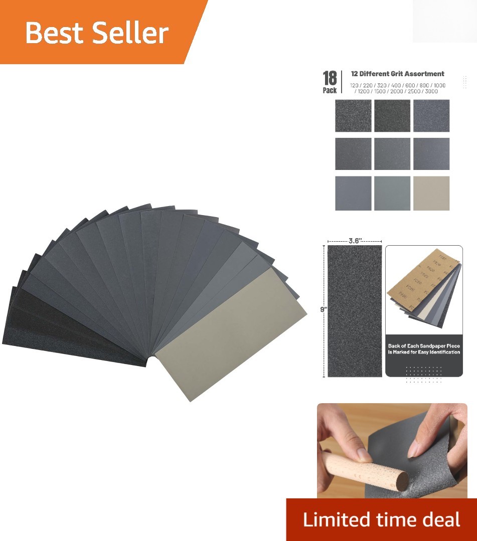 Bates 18 Pack Sandpaper - 12 Grits, 120 to 3000 Assorted Grit for Metal, Wood...