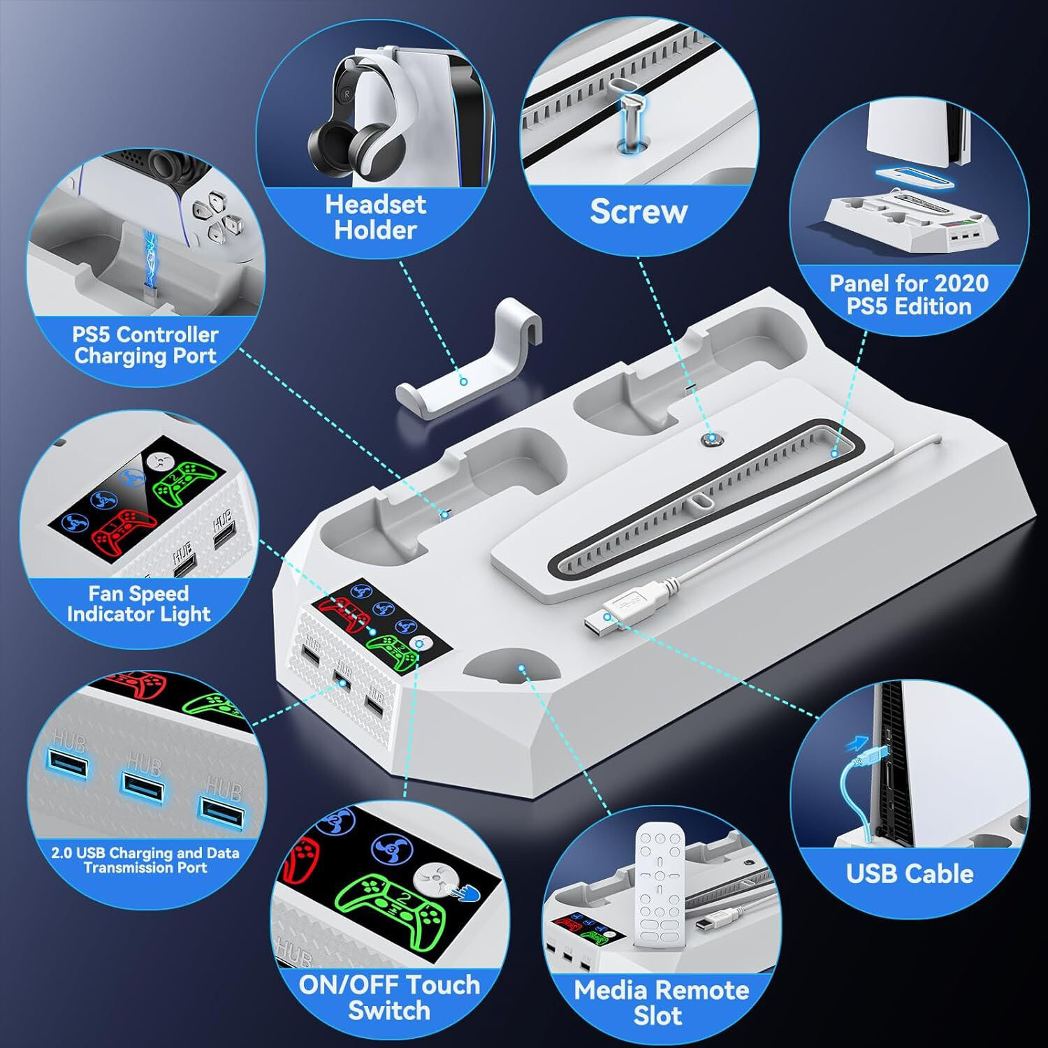 PS5 Slim Stand Cooling Fan,PS5 Controller Charging Station for Sony Playstation5