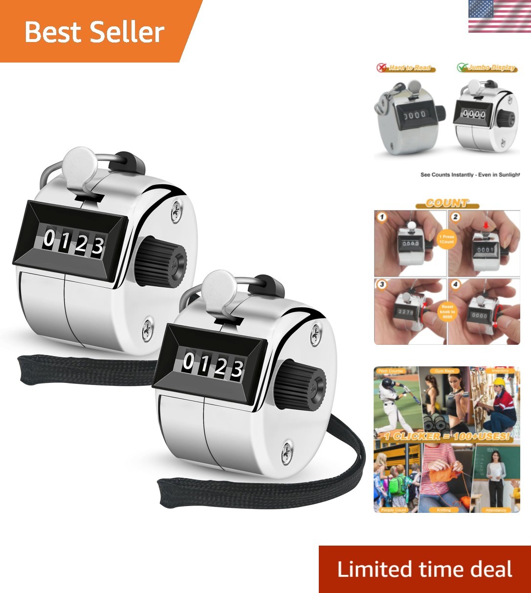 2 Pcs Clicker Counter, Hand Tally Counter with Large Display - Mechanical Pit...