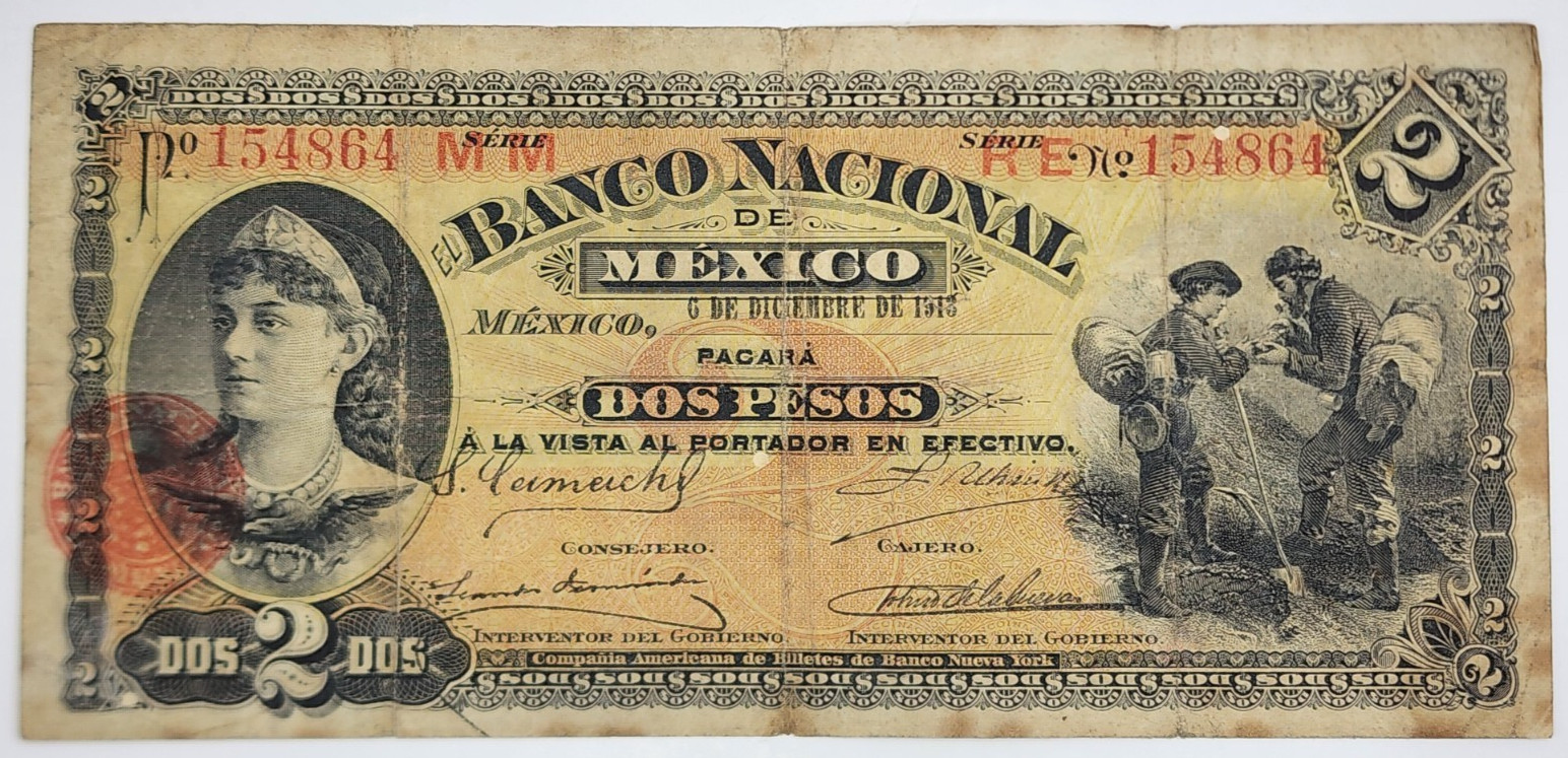 1913 Distrito Federal, Mexico 2 Pesos Banknote - M297b; BK-DF-152; P#S256a