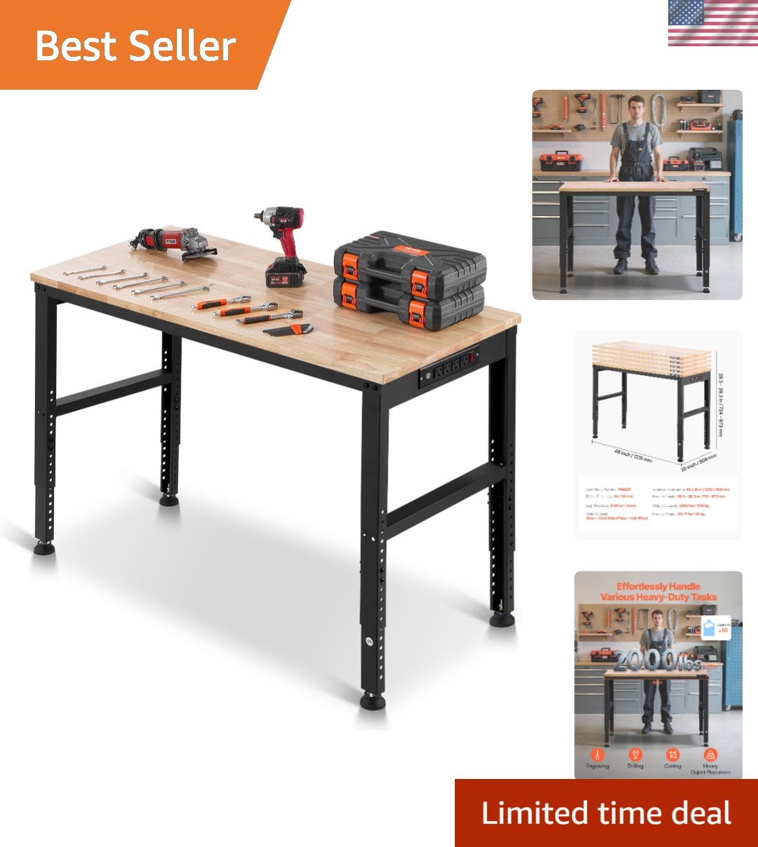 Versatile Adjustable Work Bench - 48 x 20 Inches, 2000 lbs with USB & AC Outlets