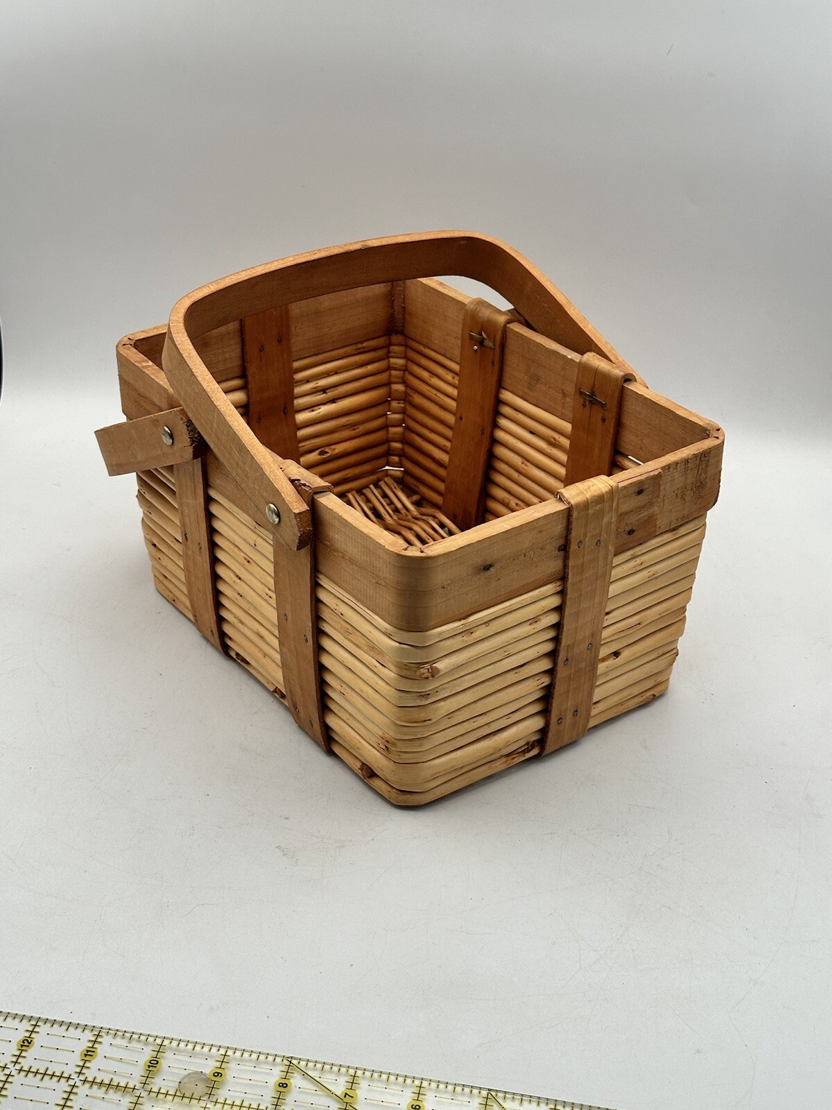 Vintage Woven Wood Gathering Basket With Folding Handles