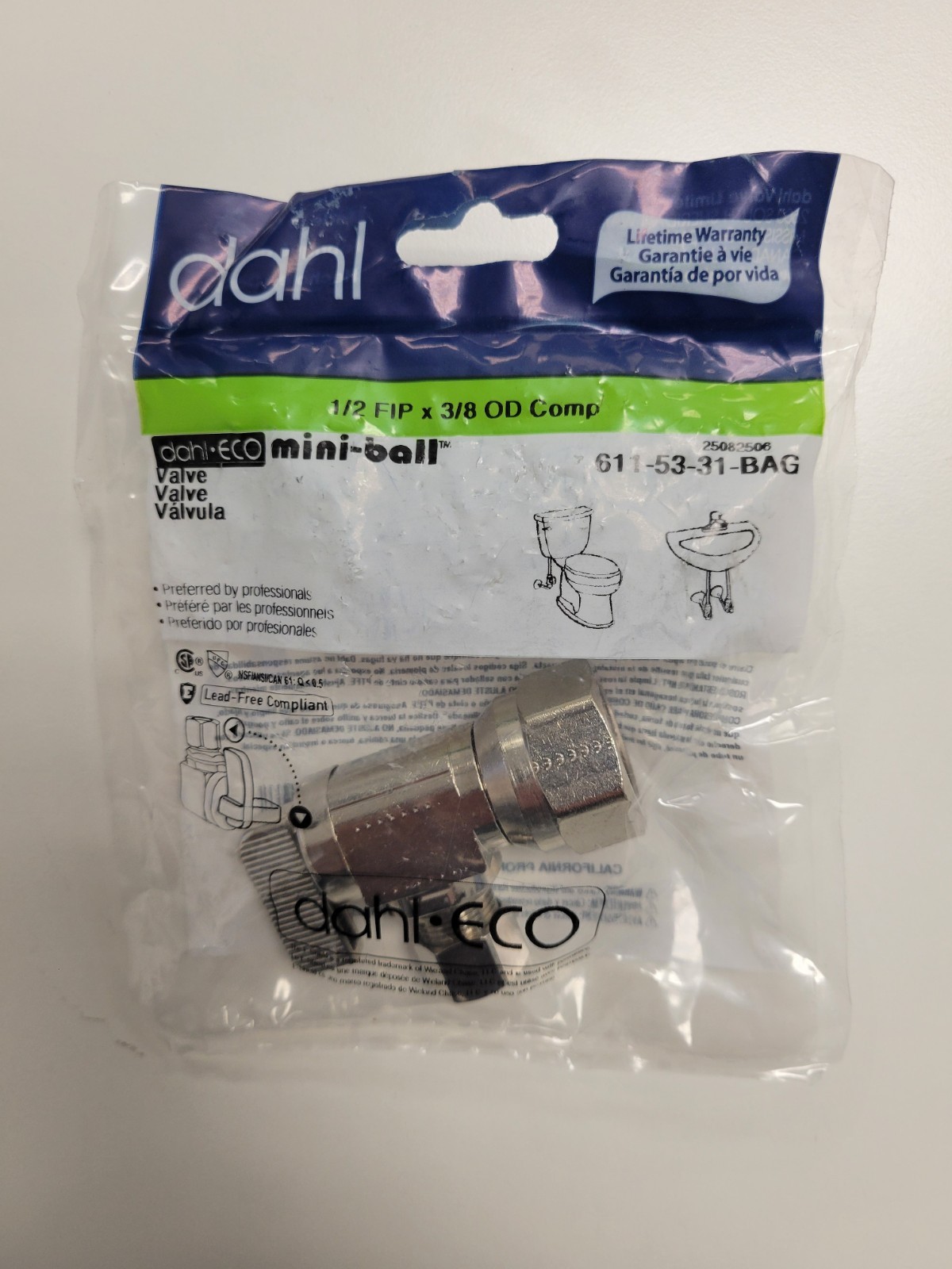 DAHL - 1/2" FIP x 3/8" OD Comp 611-53-31-BAG | 1/4 Turn Angle Stop (10 Pack)