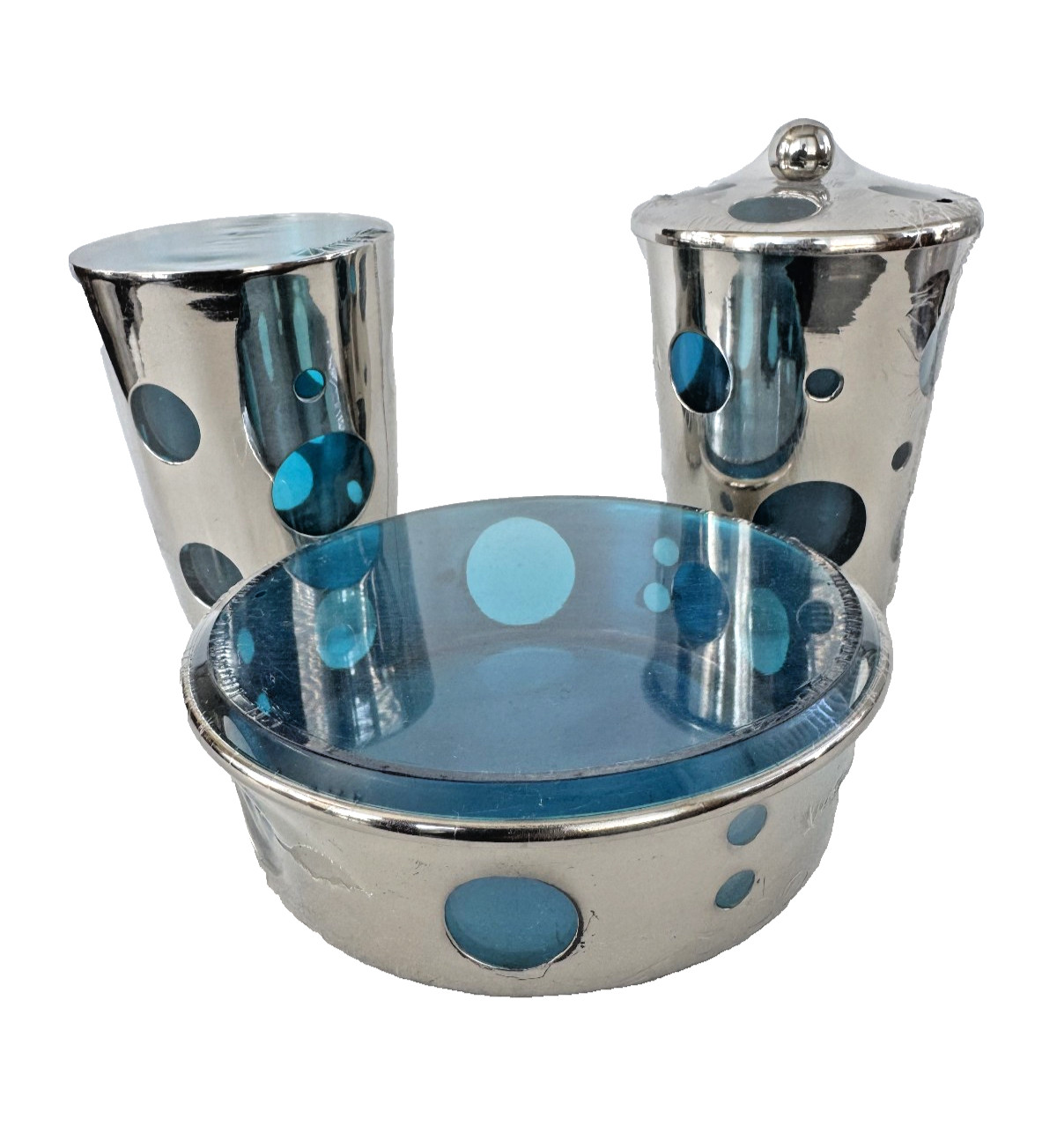 Silver Metal BATH SET ~ Toothbrush Tumbler Soap Dish ~ Cutouts GLASS liners NEW