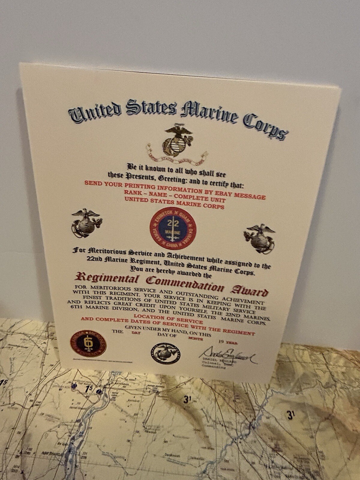 U.S.M.C. / 22ND MARINE REGIMENT - REGIMENTAL COMMENDATION AWARD CERTIFICATE