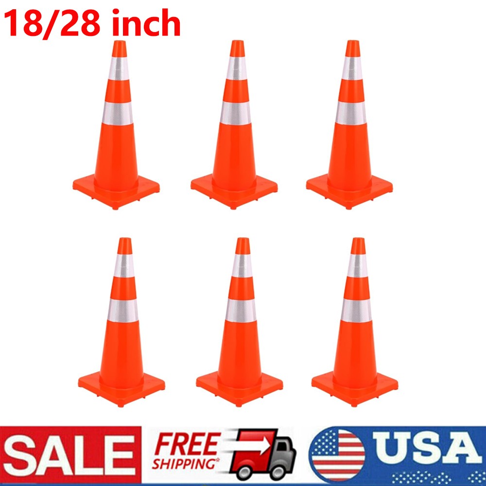 6x 18/28" Traffic Cones PVC Parking Cones Safety for Roads Construction Warning