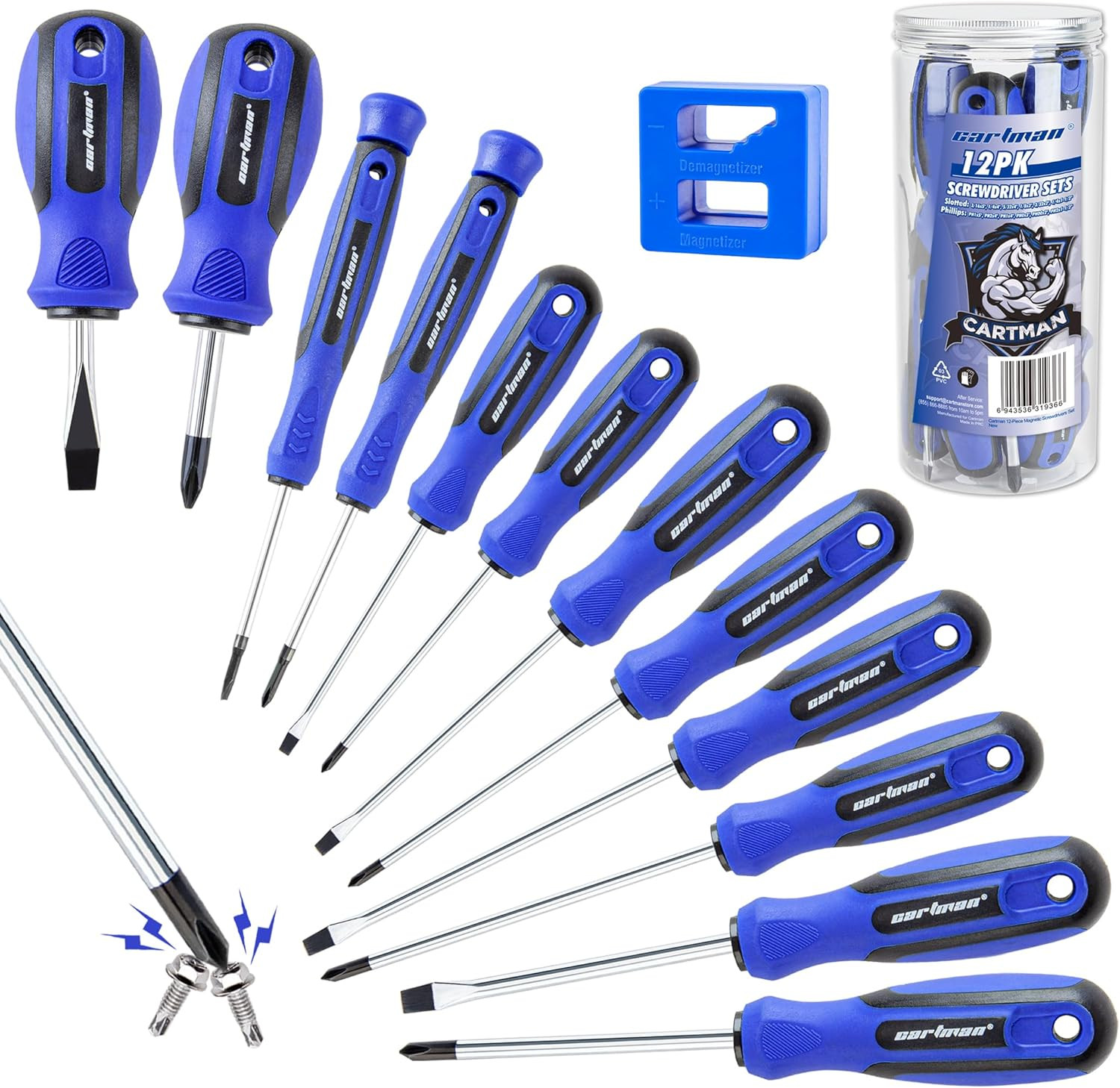 12 Piece Magnetic Screwdriver Set - 6 Phillips and 6 Flat, Professional Cushion