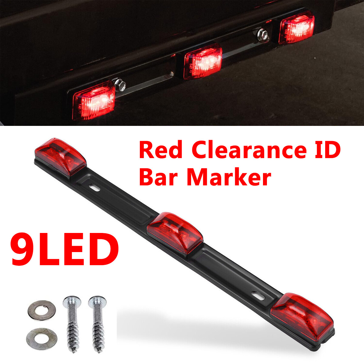 9 LED 3 Red Trailer Light Bar 12V Clearance Marker ID Truck Rear Tail Lightbar