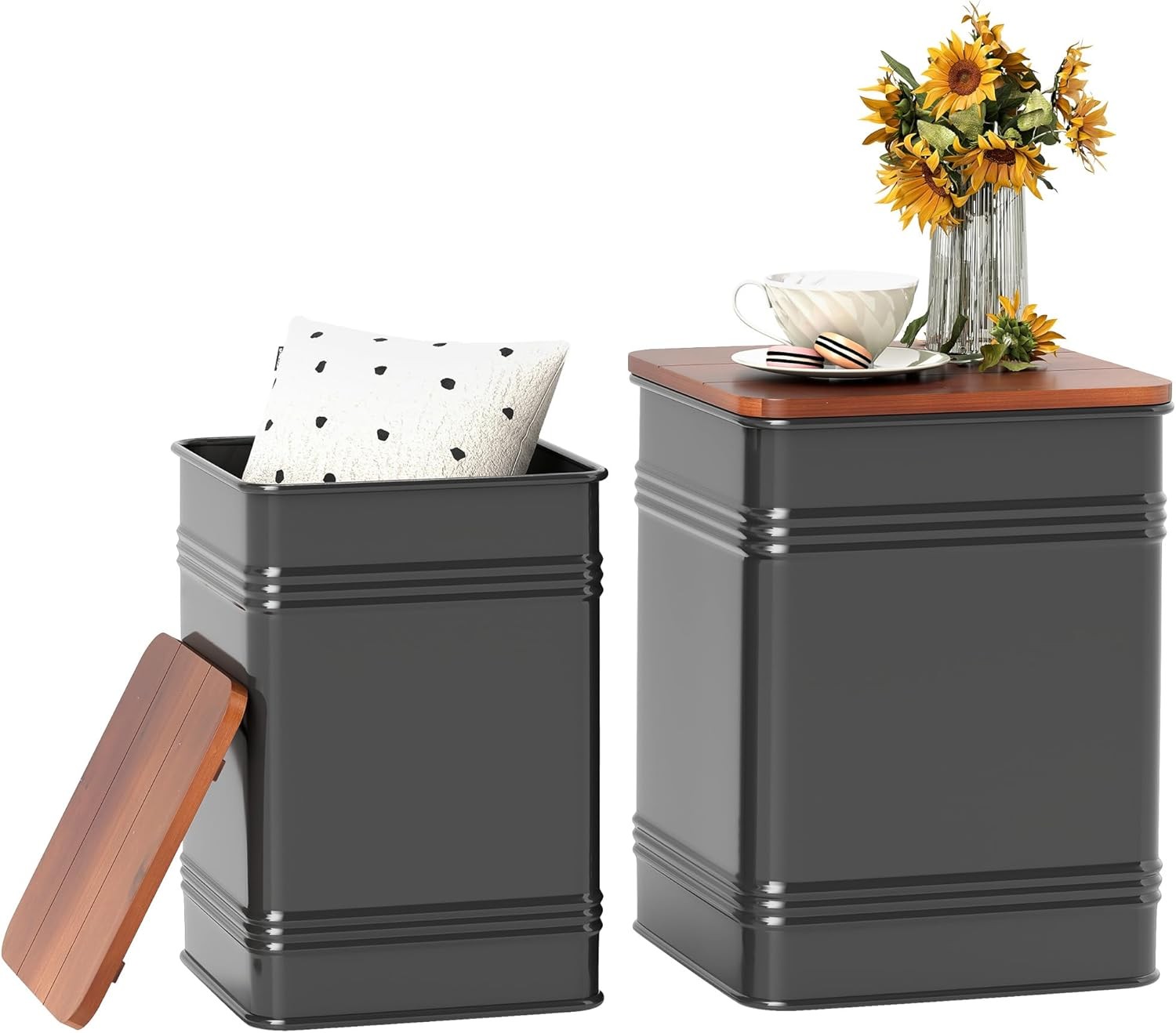 Ottoman W/ Storage Set of 2 Industrial Accent Side Table W/ Removable Wood Lid