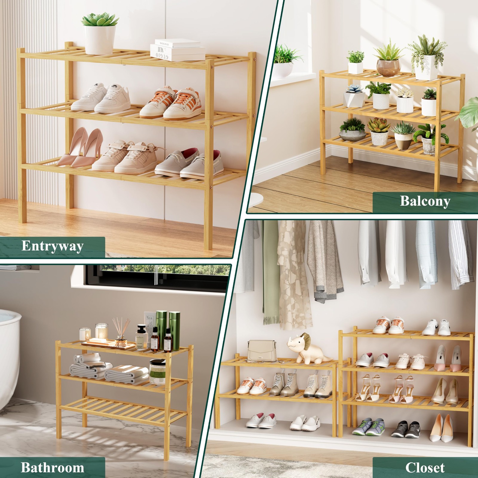 Shoe Rack, 3 Tier Bamboo Shoe Organizer, Stackable Free Standing Wooden Shoe ...