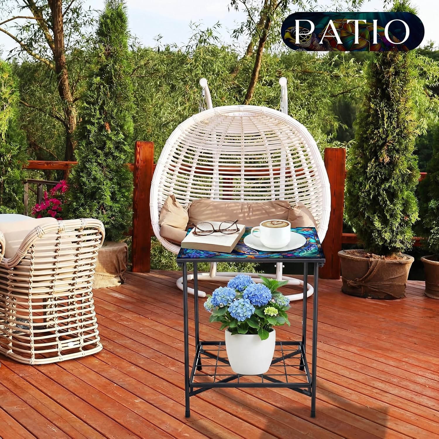 Turtle Style Outdoor Side Table 2-Tier Storage Accent Table