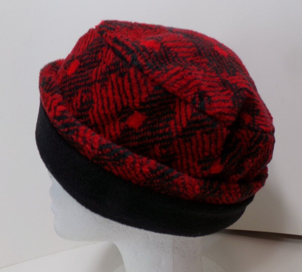 RED PLAID / BLACK BRIM   BERBER  FLEECE ROLLED BRIM WINTER HAT STRETCHY  h88cr