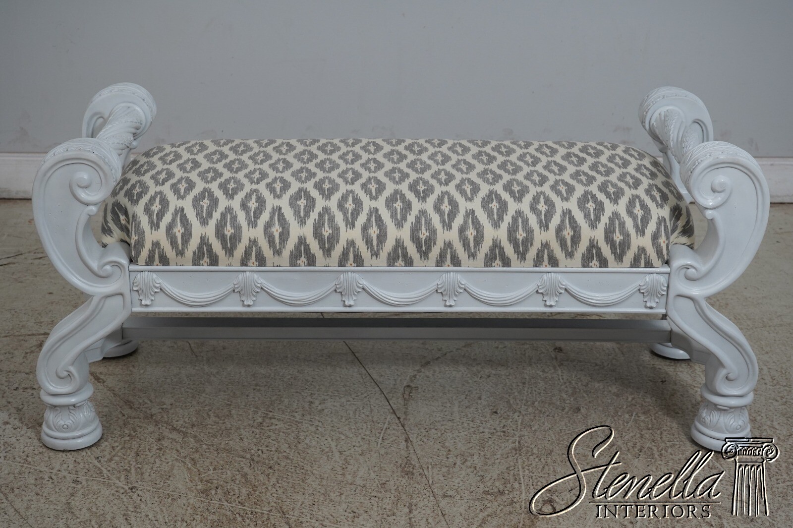 66110EC: Stunning Carved Painted Window Bench - New Upholstery