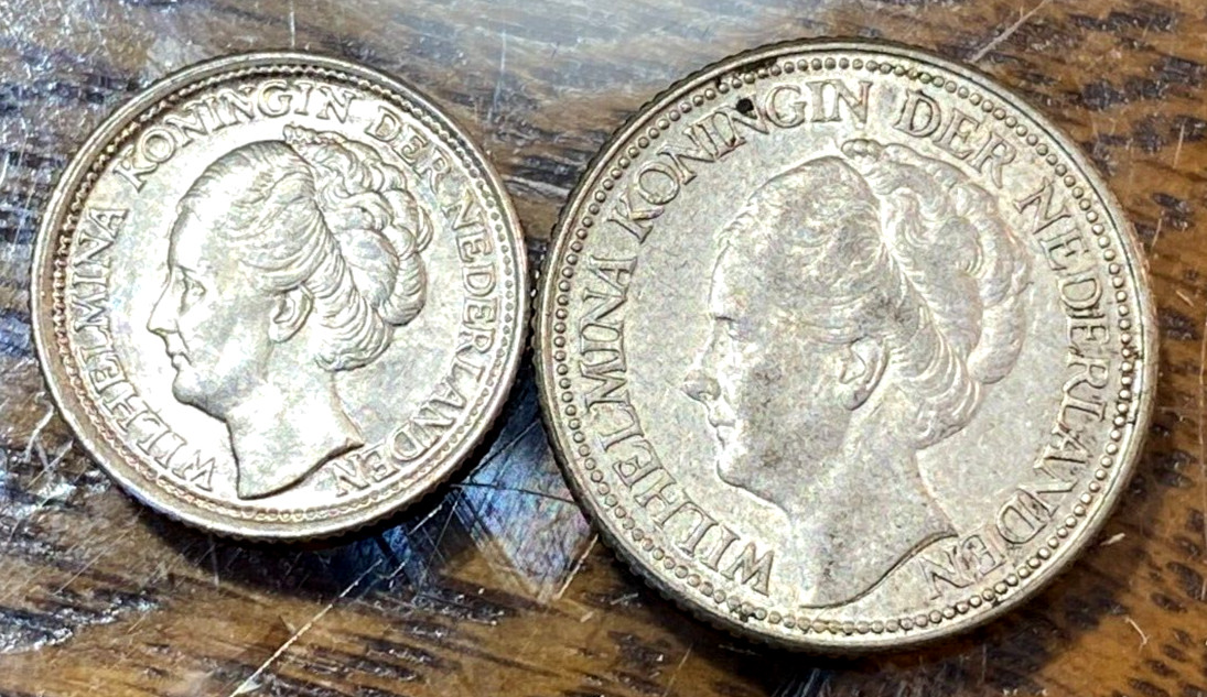 1944 & 41 Netherlands Silver 10 & 25 Cents Nice Original Gem BU & C. AU CHRC