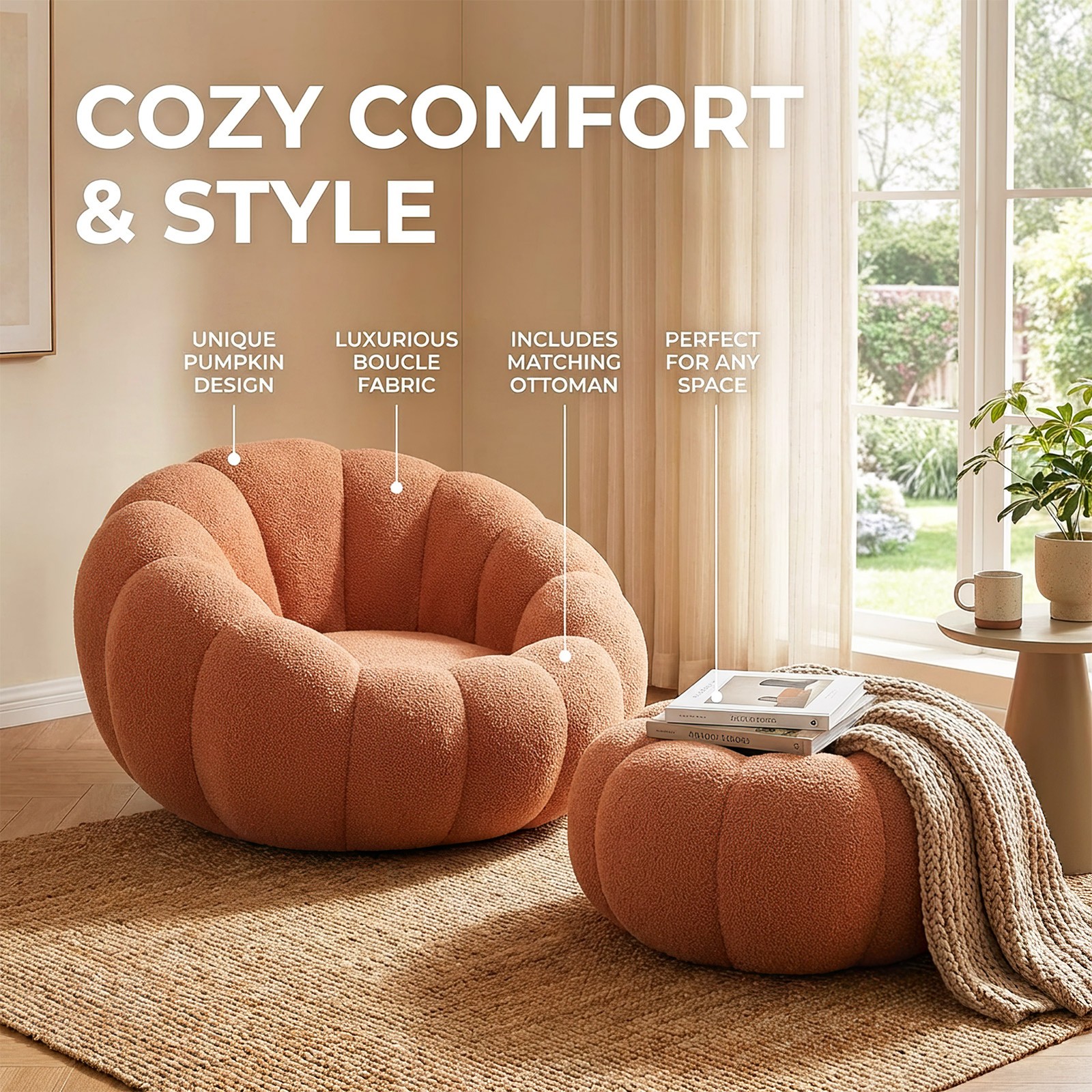 Pumpkin Shape Lounge Chair & Footstool - Brown