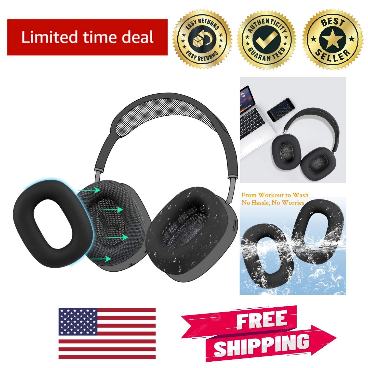 Durable Silicone Ear Pads for AirPods Max Headphones - Sweat Resistant & Comfy