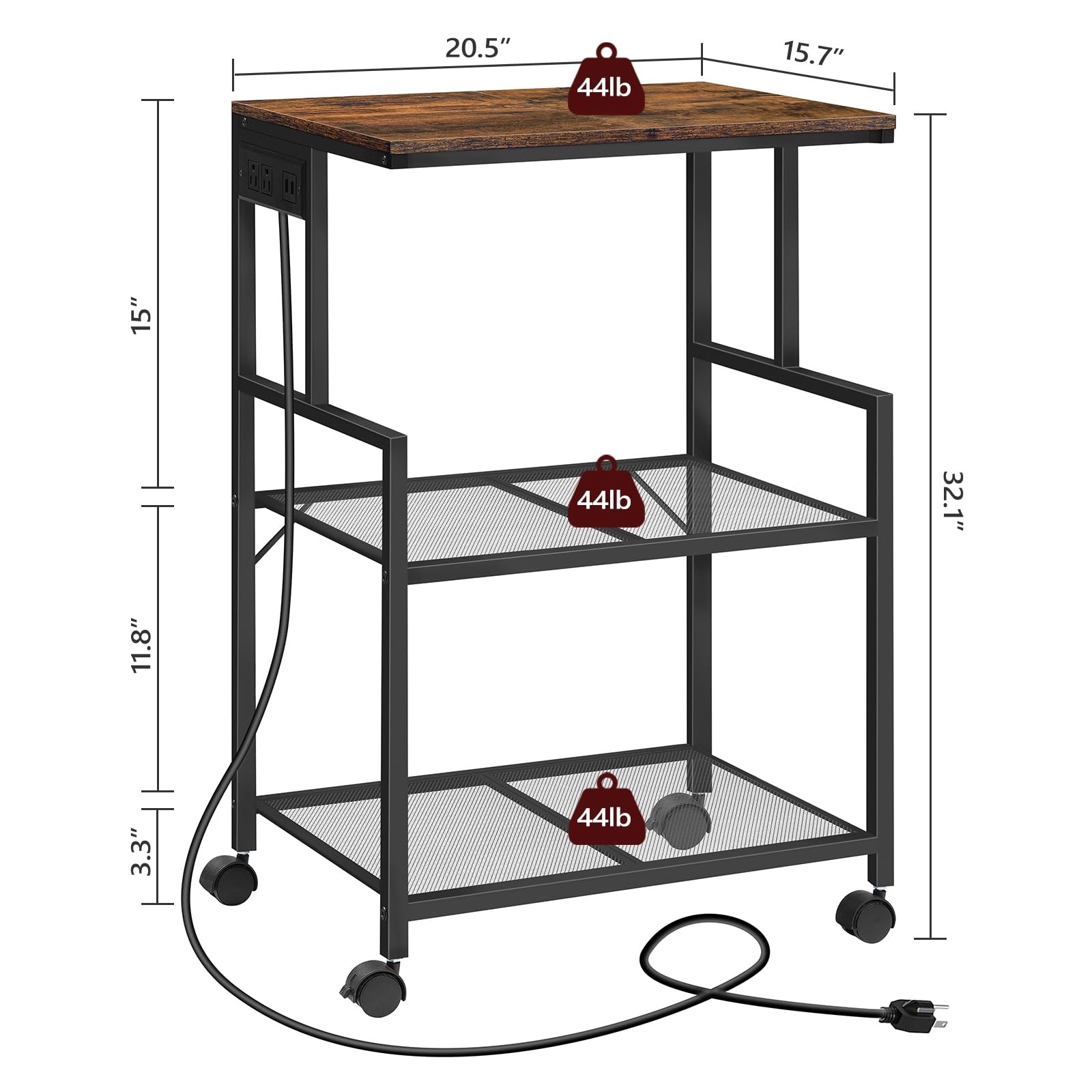 Mobile Printer Stand, 3-Tier Industrial Printer Cart with Power Outlets and 2...