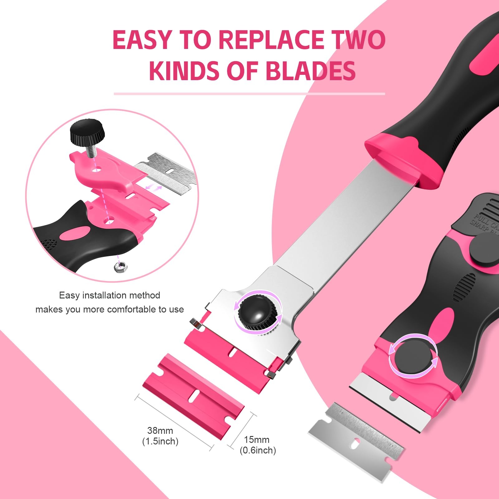 Ywmoml 3 Pack Razor Blade Scraper Set, Includes 30 Plastic & 30 Metal Pink