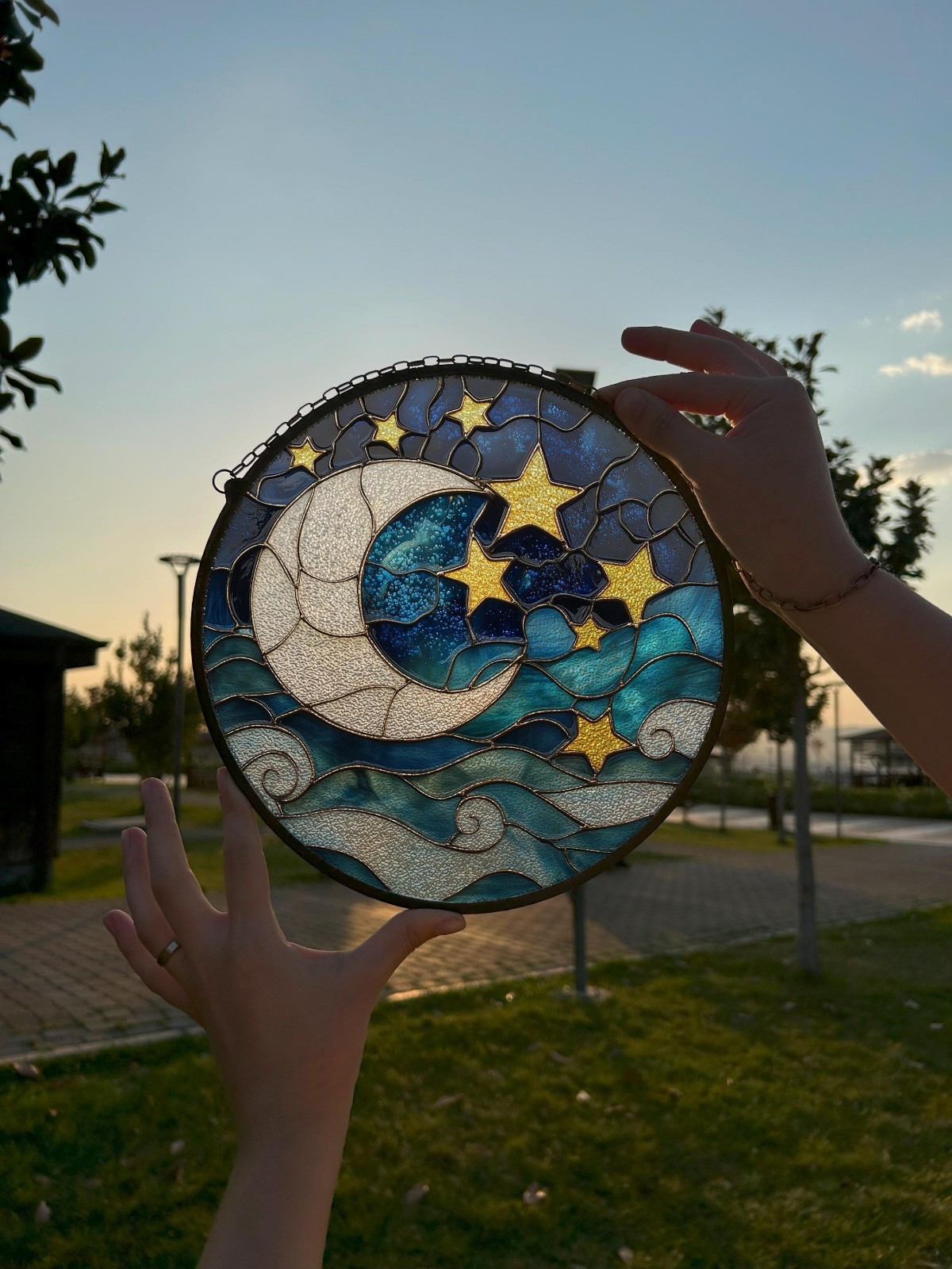 Moon and Stars Painted Stained Glass Suncatcher Nursery Window Decor