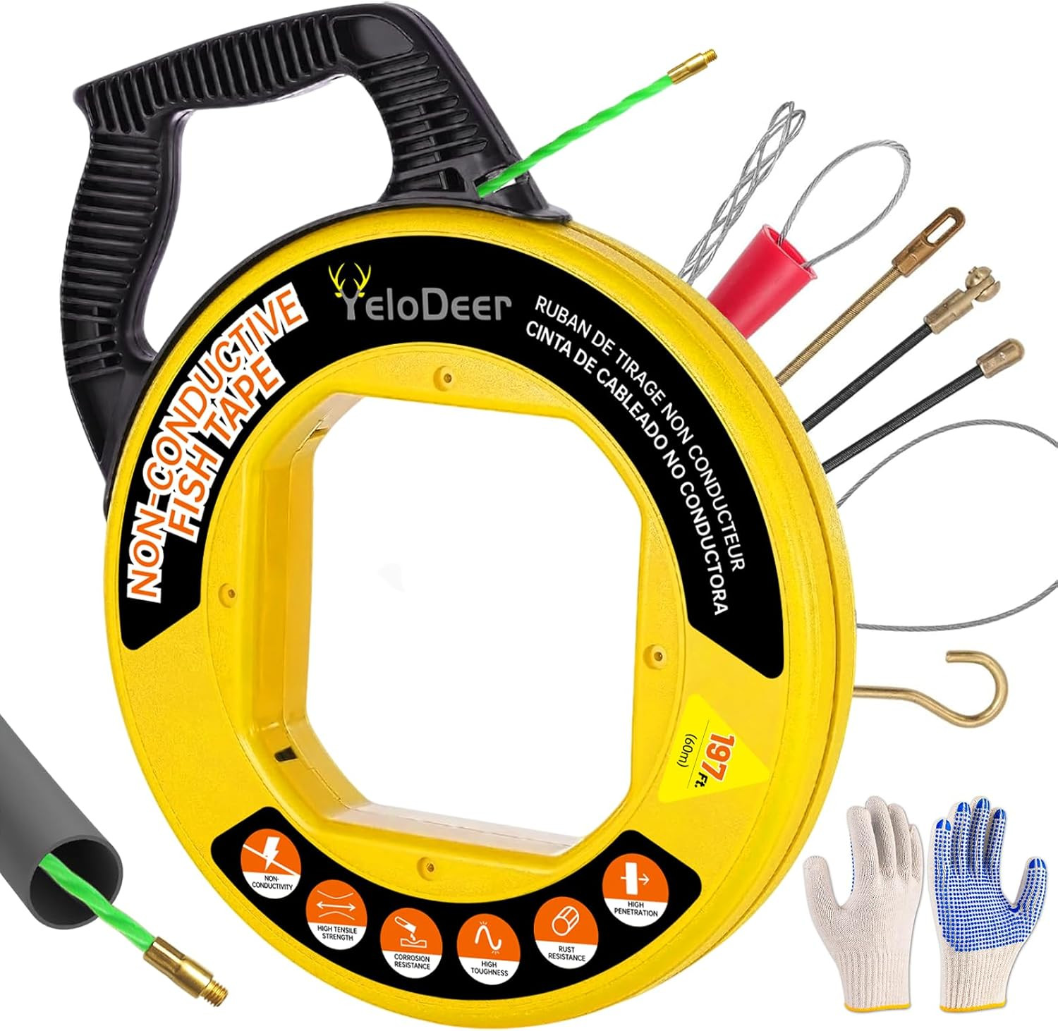 Flexible Non-Conductive Fish Tape 197FT with Gloves & 7 Adapters, Rust-Proof