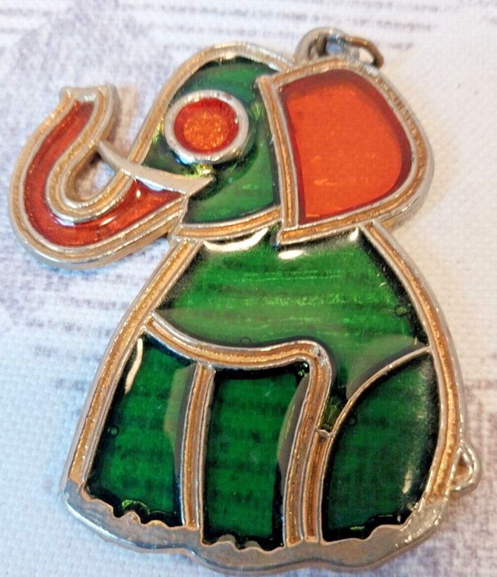 Vintage Elephant Resin Suncatcher Green and Orange Gold tone Metal