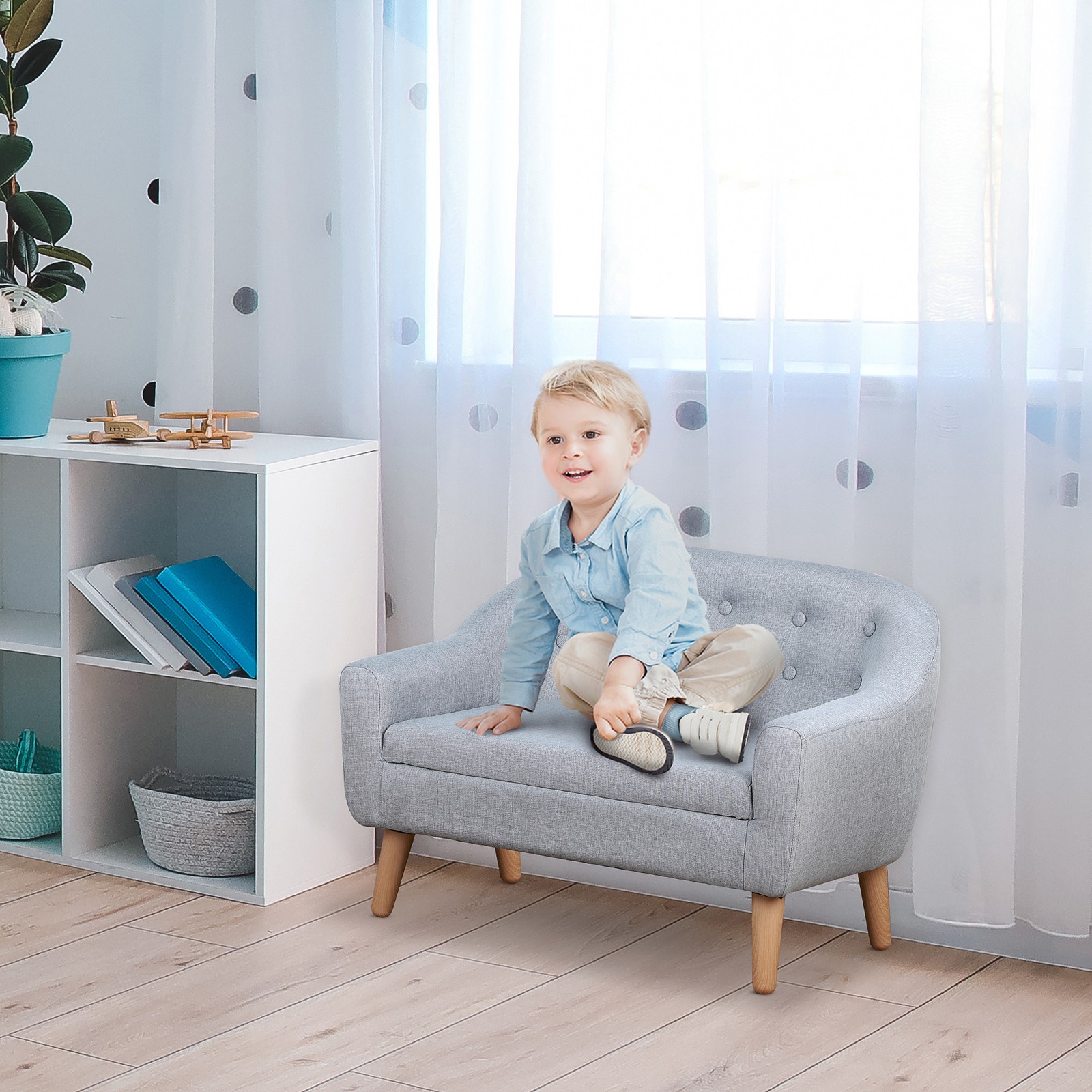 Kids 2-Seat Sofa Toddlers Armchair Linen Fabric Wooden Frame for Ages 3-6 Year