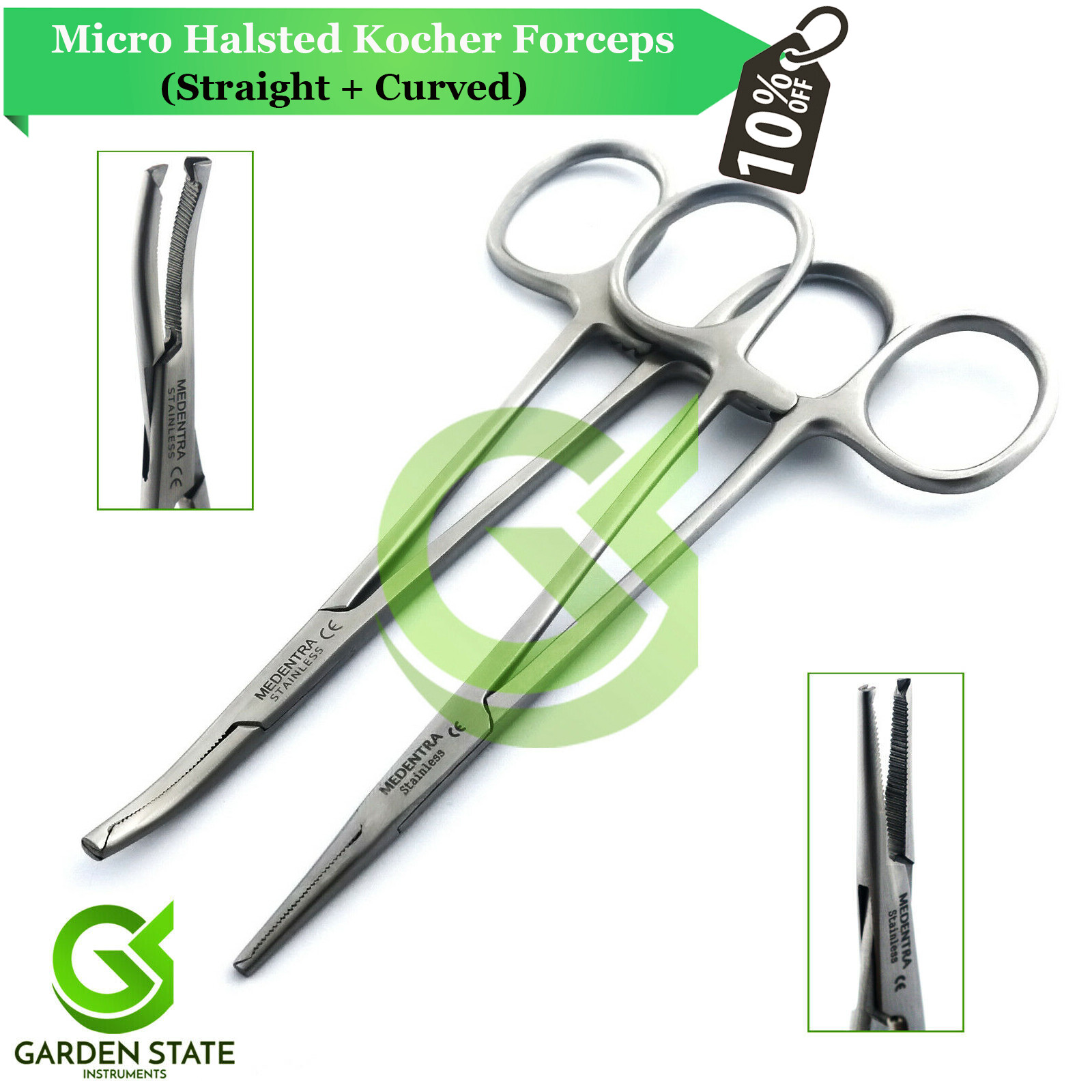2Pcs Surgical Artery Kocher Forceps Hemostatic Tissue Forceps Straight + Curved